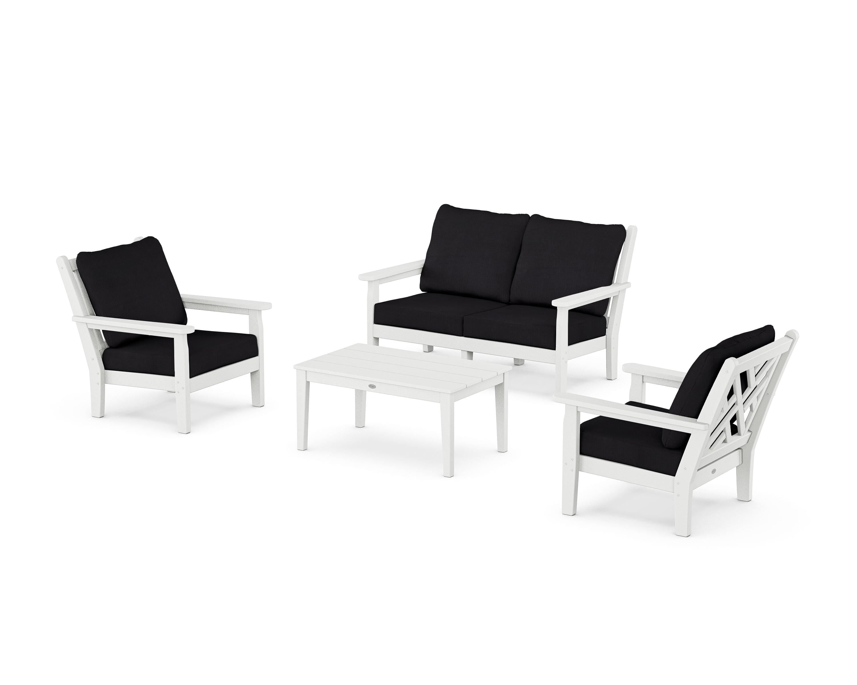 POLYWOOD® Chippendale 4-Piece Deep Seating Set with Loveseat in White / Midnight Linen
