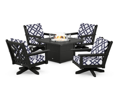 POLYWOOD® Chippendale 5-Piece Deep Seating Swivel Conversation Set with Fire Pit Table in Black / Trellis Navy