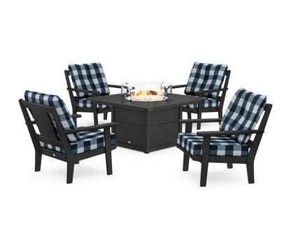 POLYWOOD® Prairie 5-Piece Deep Seating Set with Fire Pit Table in Black / Buffalo Plaid Marine Indigo