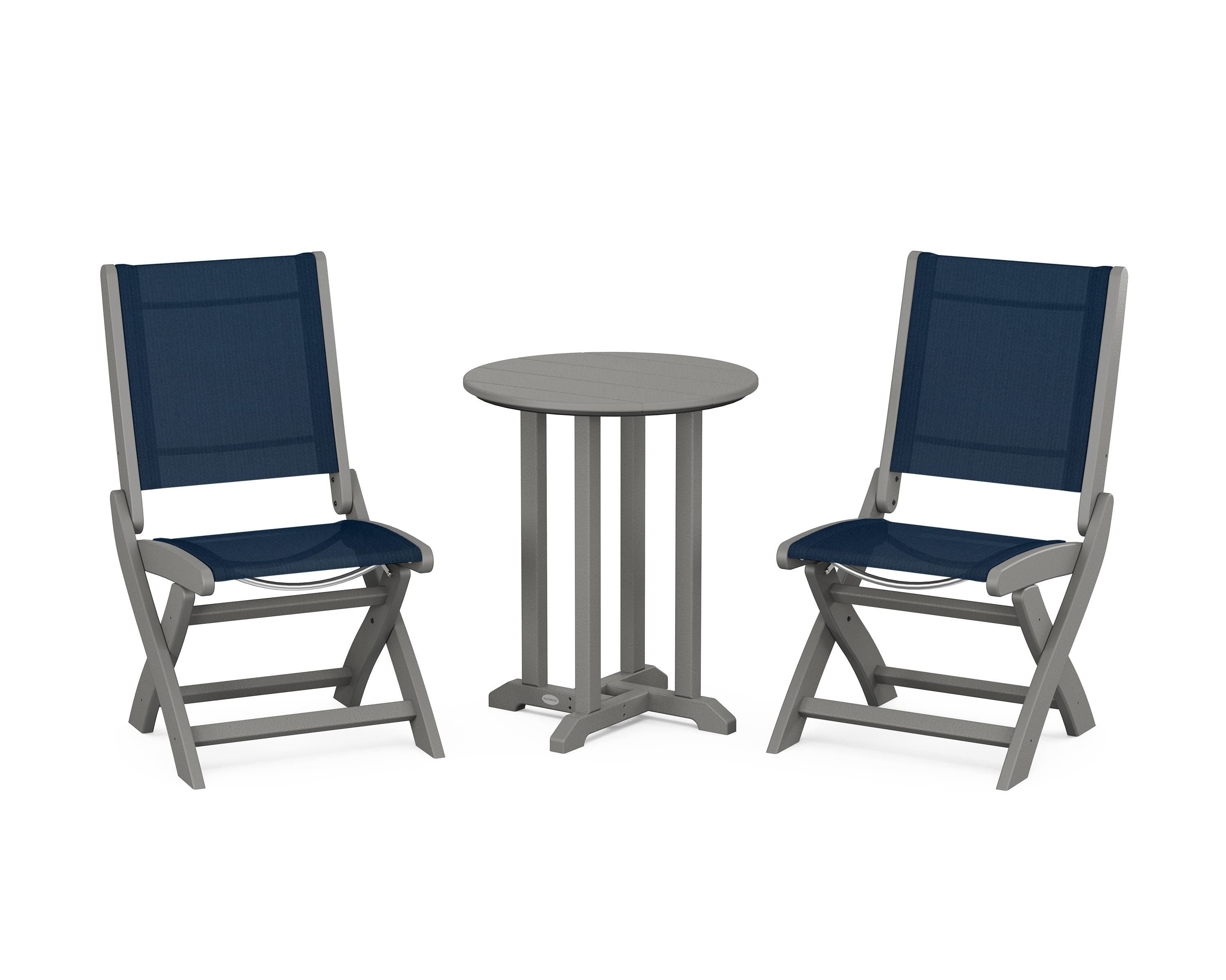 POLYWOOD® Coastal Folding Side Chair 3-Piece Round Bistro Dining Set in Slate Grey / Navy Blue Sling