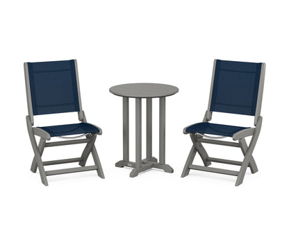POLYWOOD® Coastal Folding Side Chair 3-Piece Round Bistro Dining Set in Slate Grey / Navy Blue Sling