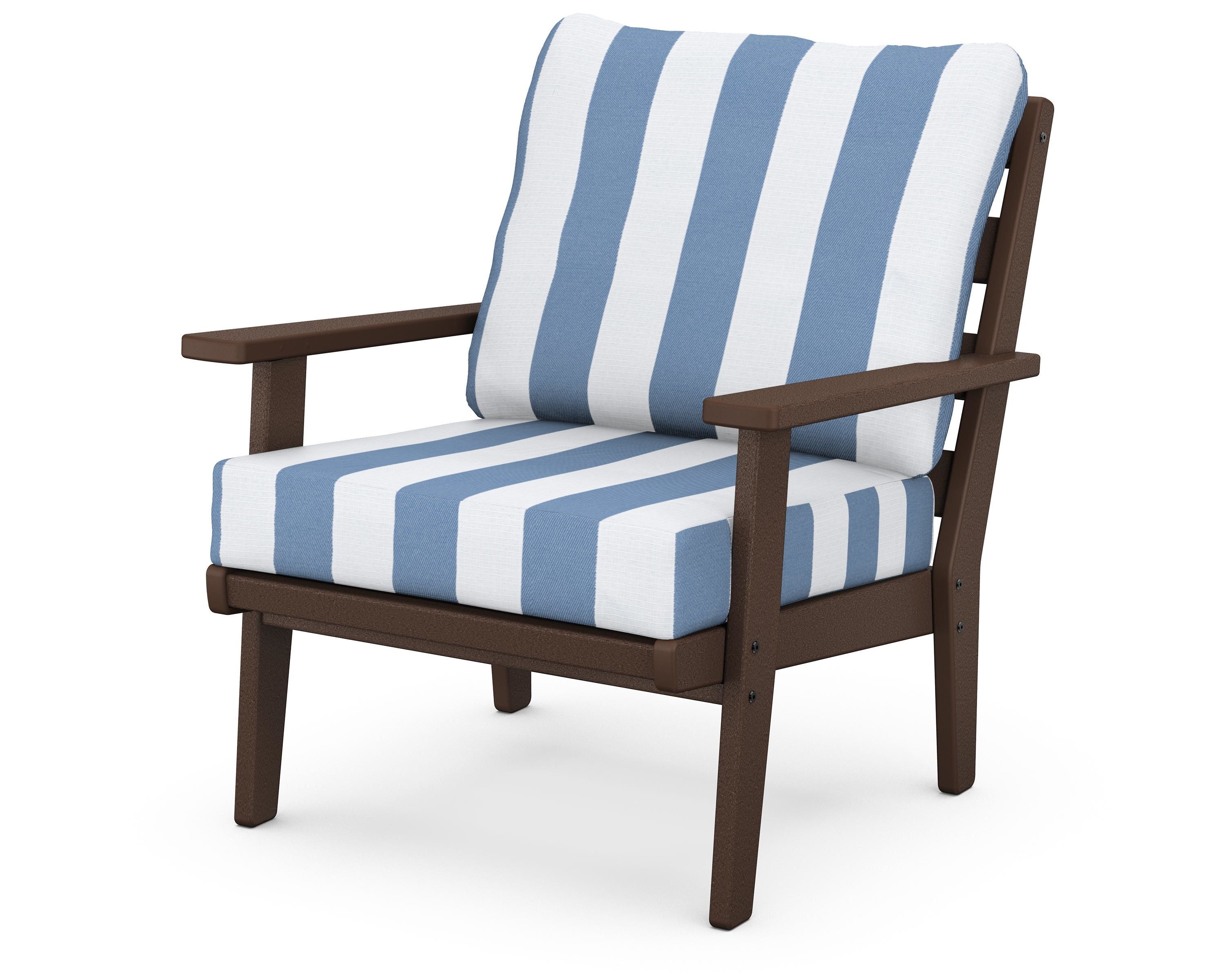 POLYWOOD® Grant Park Deep Seating Chair in Mahogany / Cabana Stripe Sky Blue