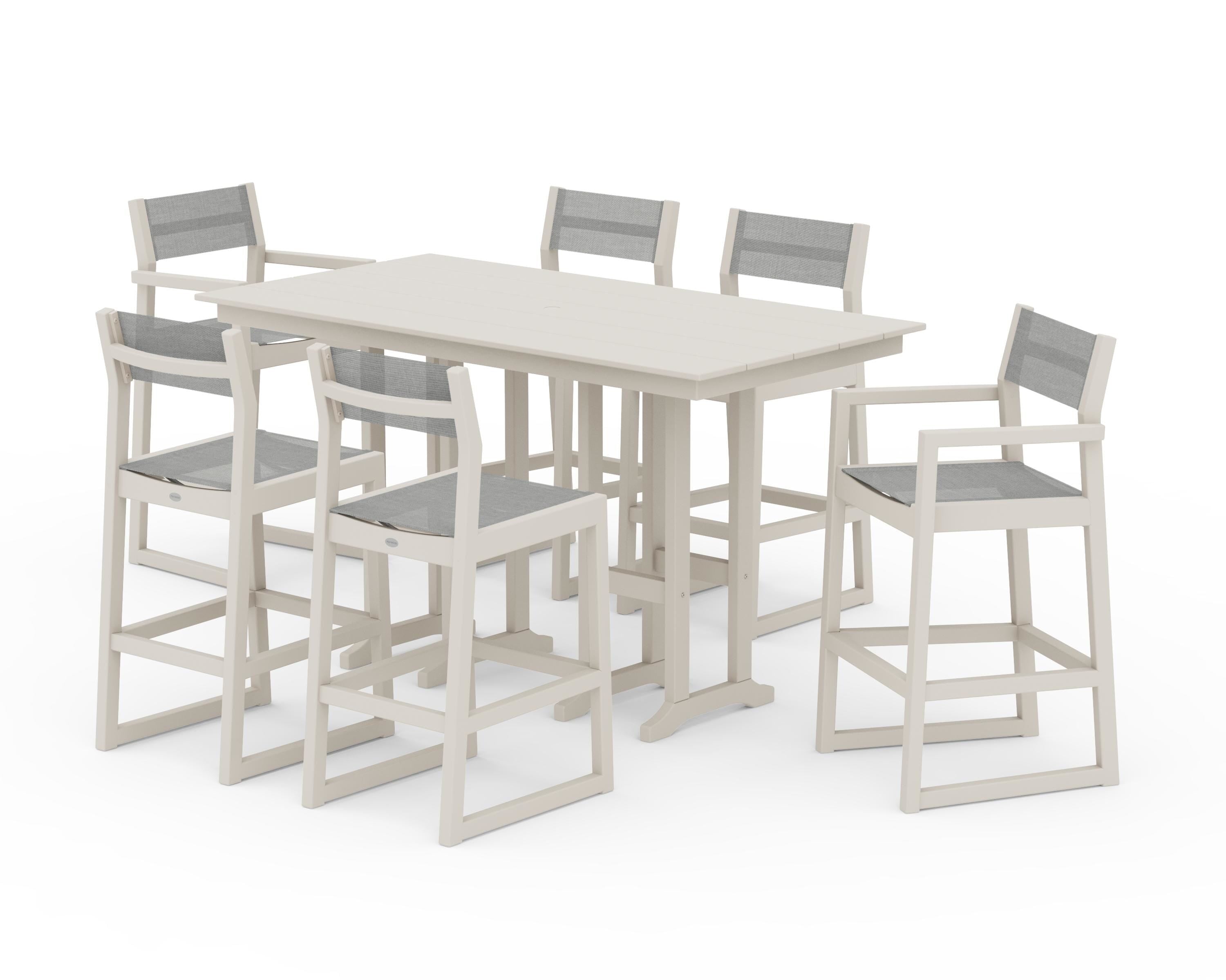 POLYWOOD® EDGE Sling 7-Piece Farmhouse Bar Set in Sand / Metallic Sling