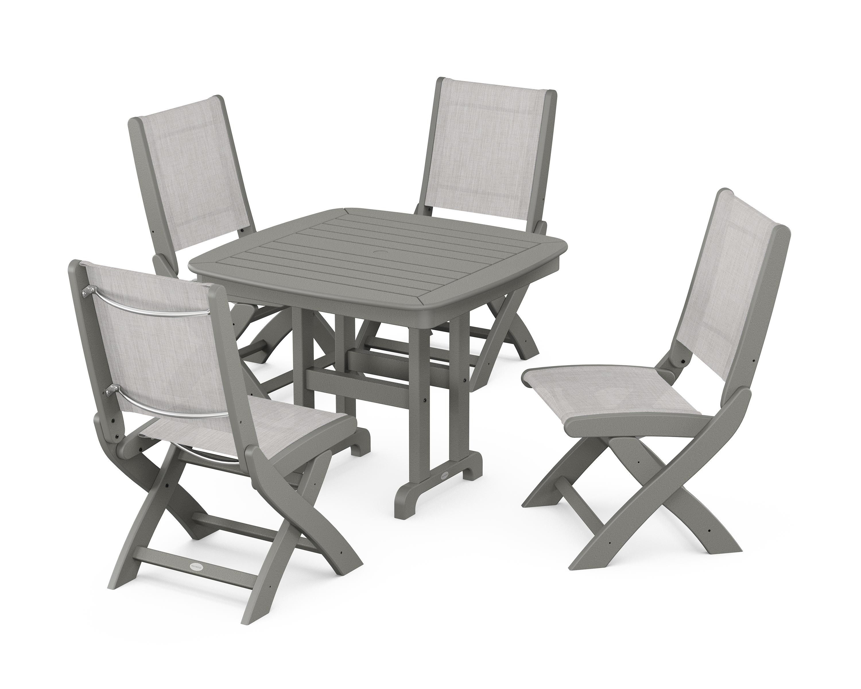 POLYWOOD® Coastal Folding Side Chair 5-Piece Dining Set in Slate Grey / Parchment Sling