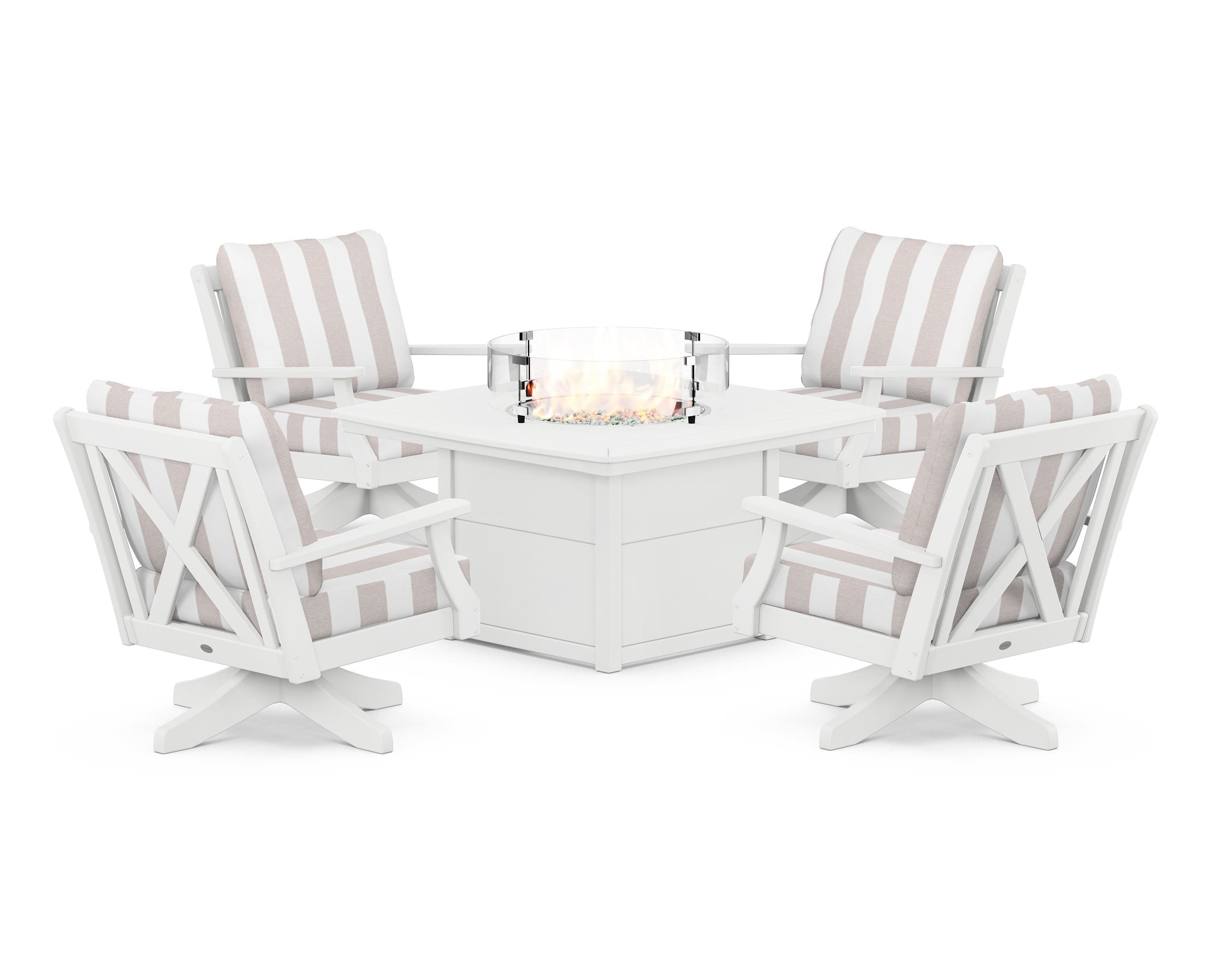 POLYWOOD® Braxton 5-Piece Deep Seating Swivel Conversation Set with Fire Pit Table in White / Cabana Stripe Dune Burlap