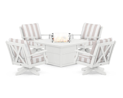 POLYWOOD® Braxton 5-Piece Deep Seating Swivel Conversation Set with Fire Pit Table in White / Cabana Stripe Dune Burlap