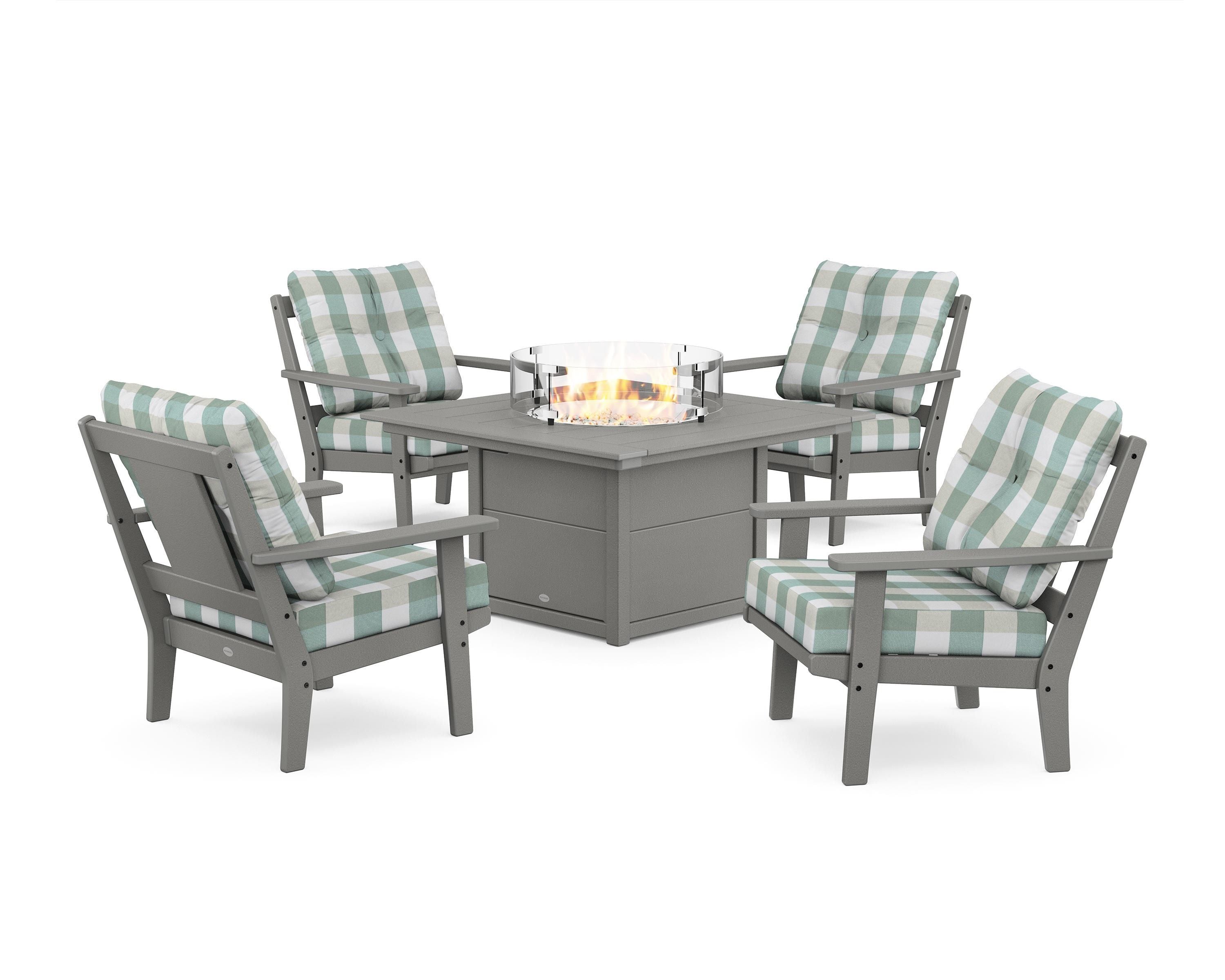 POLYWOOD® Prairie 5-Piece Deep Seating Set with Fire Pit Table in Slate Grey / Buffalo Plaid Glacier Spa
