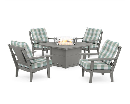 POLYWOOD® Prairie 5-Piece Deep Seating Set with Fire Pit Table in Slate Grey / Buffalo Plaid Glacier Spa