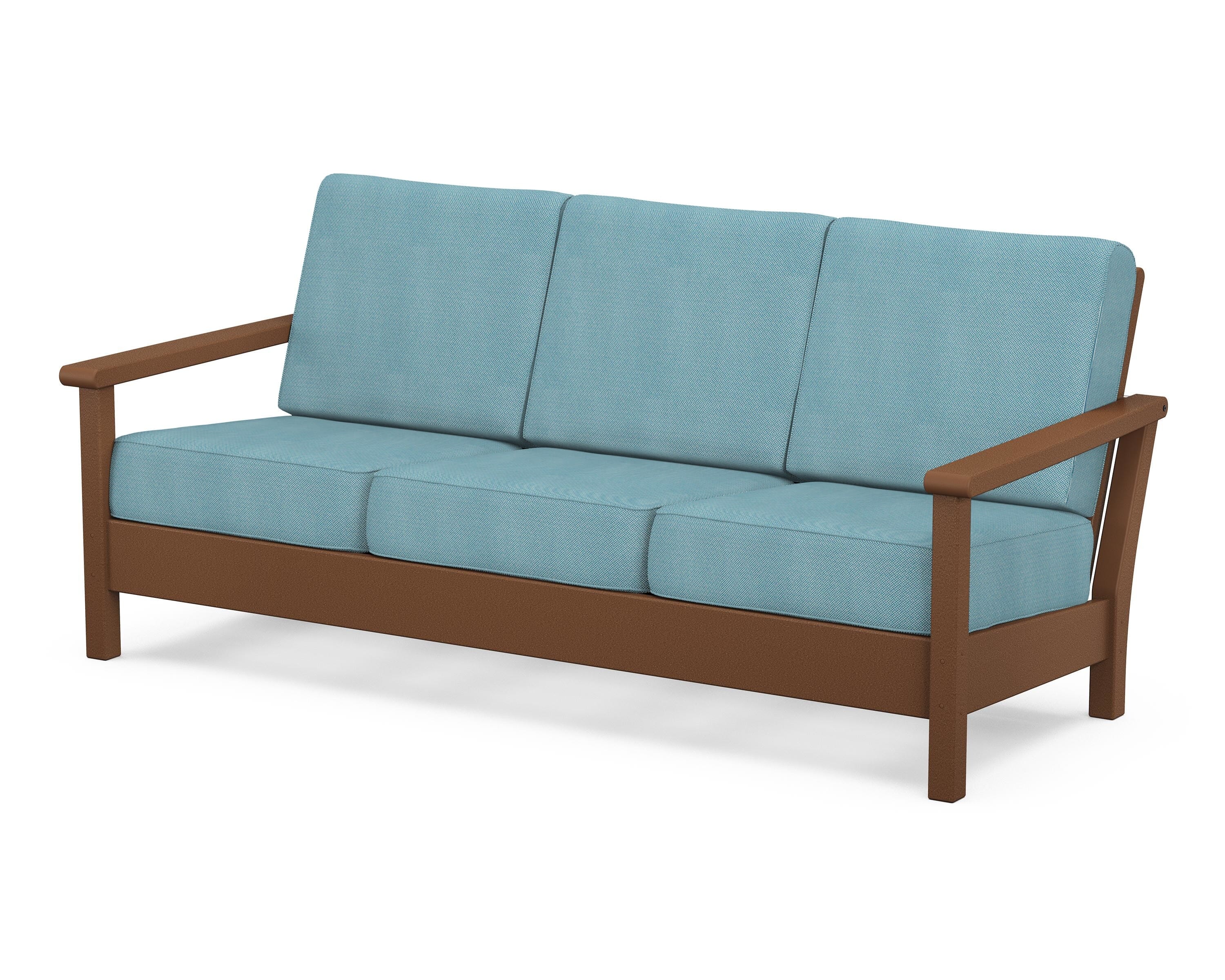 POLYWOOD® Harbour Deep Seating Sofa in Teak / Lattice Sky Blue