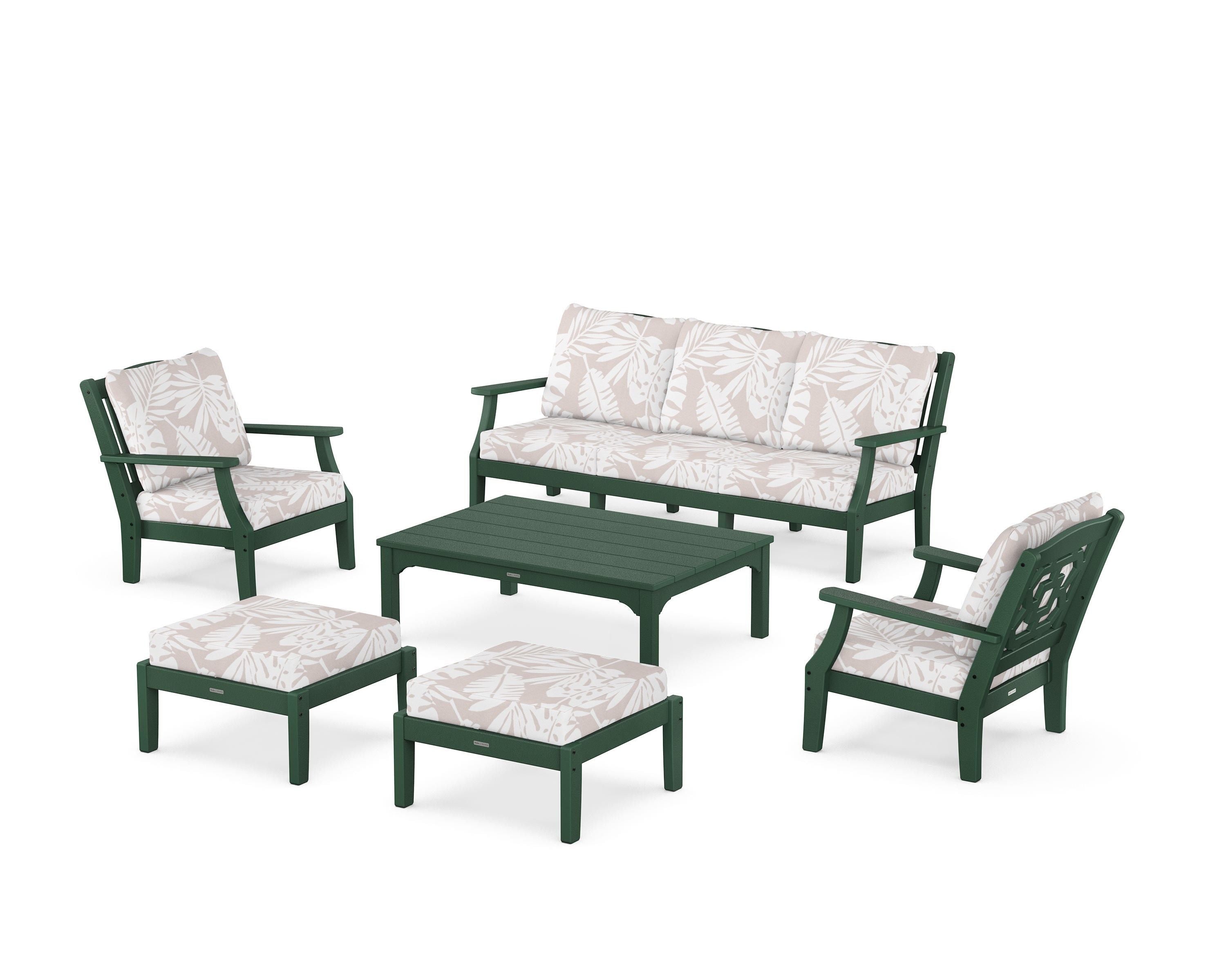 Martha Stewart by POLYWOOD® Chinoiserie 6-Piece Lounge Sofa Set in Green / Leaf Dune Burlap