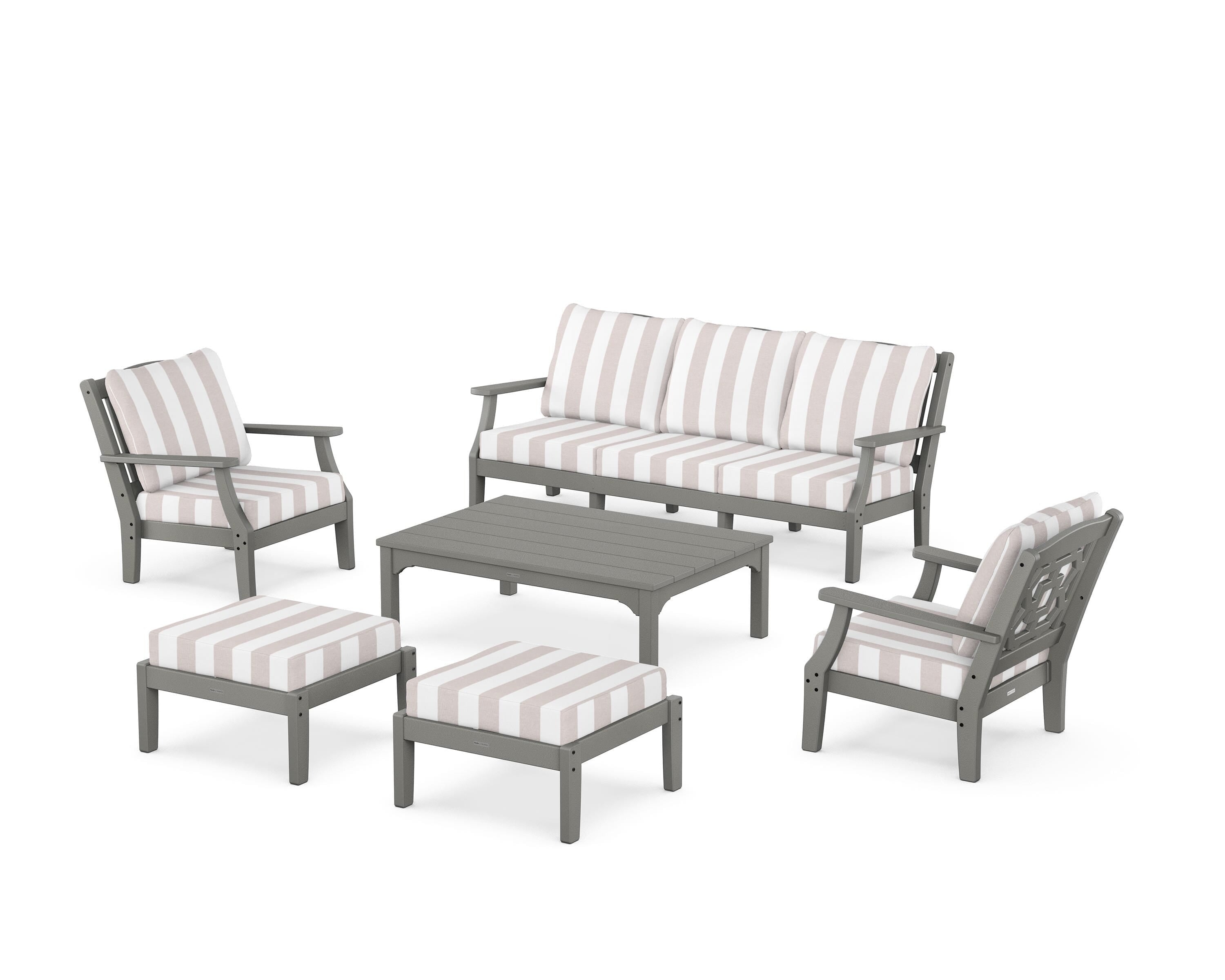 Martha Stewart by POLYWOOD® Chinoiserie 6-Piece Lounge Sofa Set in Slate Grey / Cabana Stripe Dune Burlap