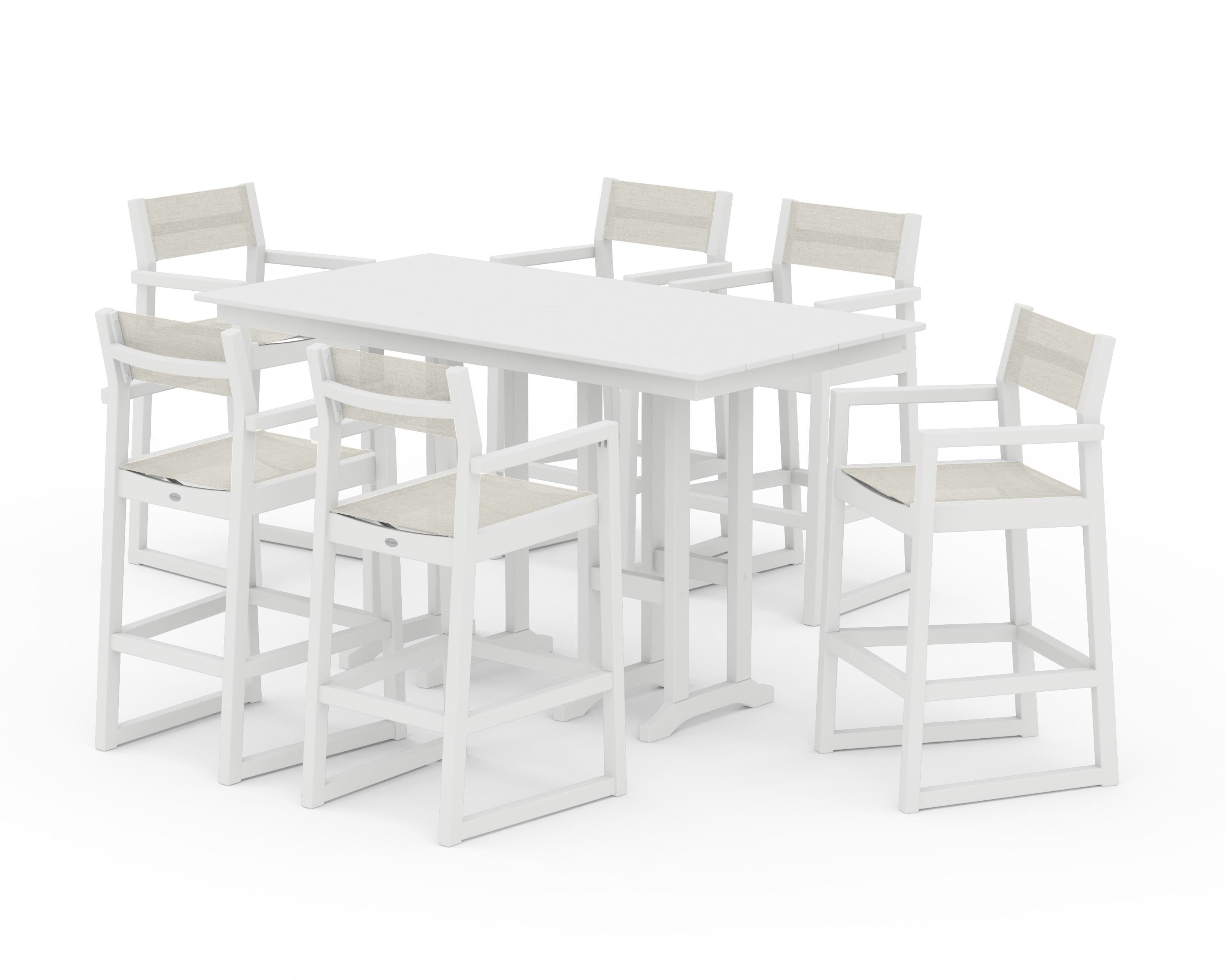 POLYWOOD® EDGE Sling Arm Chair 7-Piece Farmhouse Bar Set in White / Parchment Sling