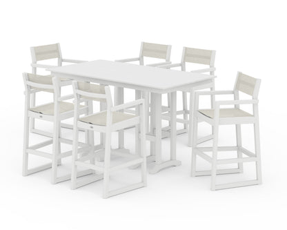 POLYWOOD® EDGE Sling Arm Chair 7-Piece Farmhouse Bar Set in White / Parchment Sling