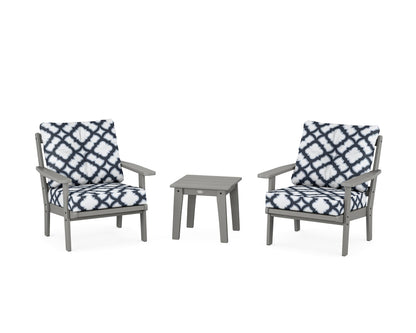 POLYWOOD® Oxford 3-Piece Deep Seating Set in Slate Grey / Trellis Marine Indigo