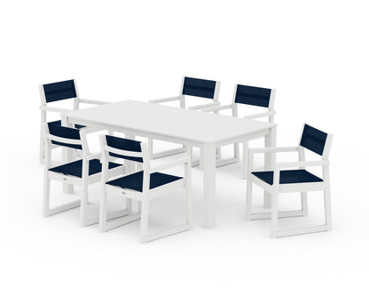 POLYWOOD® EDGE Sling Arm Chair 7-Piece Parsons Dining Set in White / Navy Blue Sling