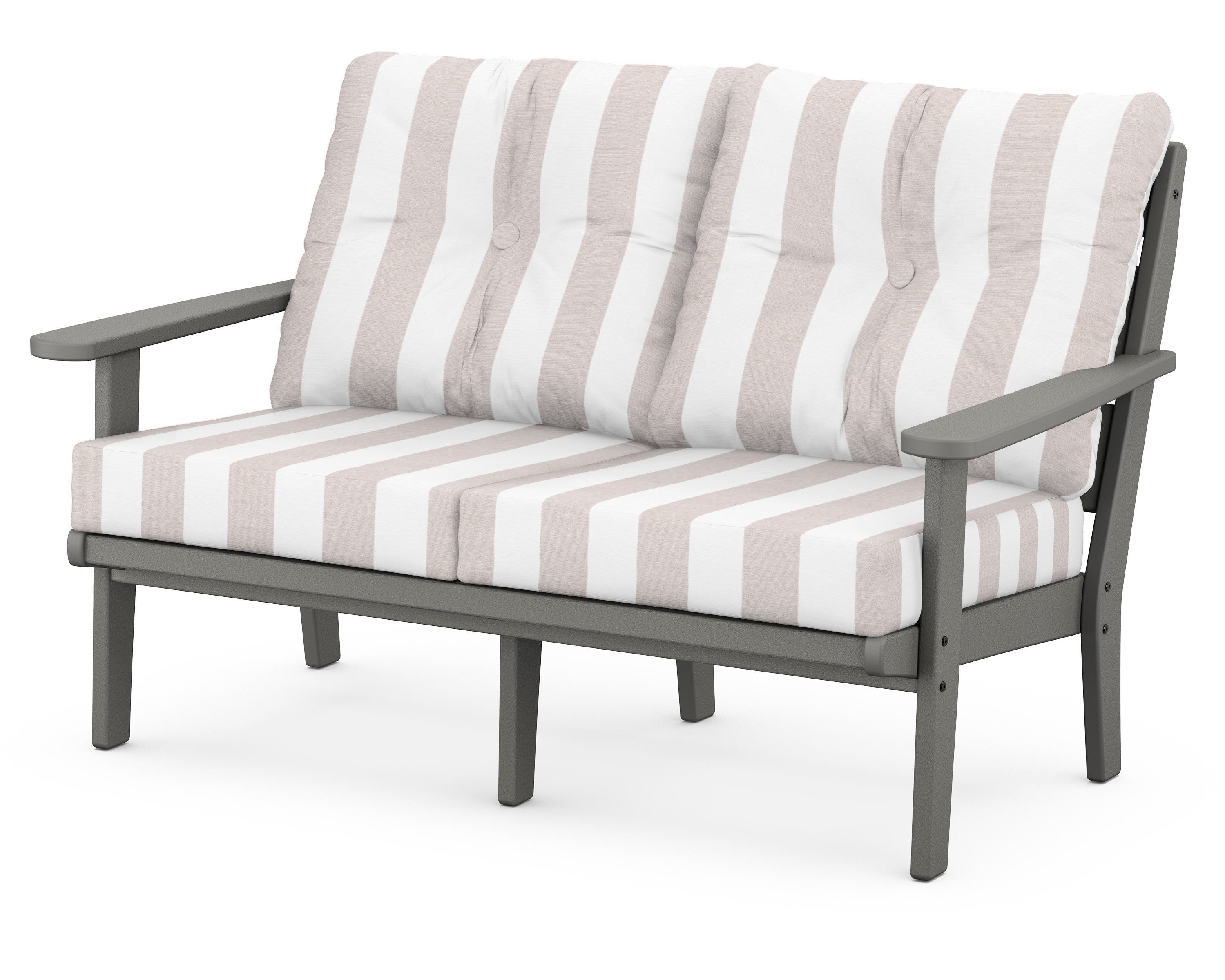 POLYWOOD® Lakeside Deep Seating Loveseat in Slate Grey / Cabana Stripe Dune Burlap