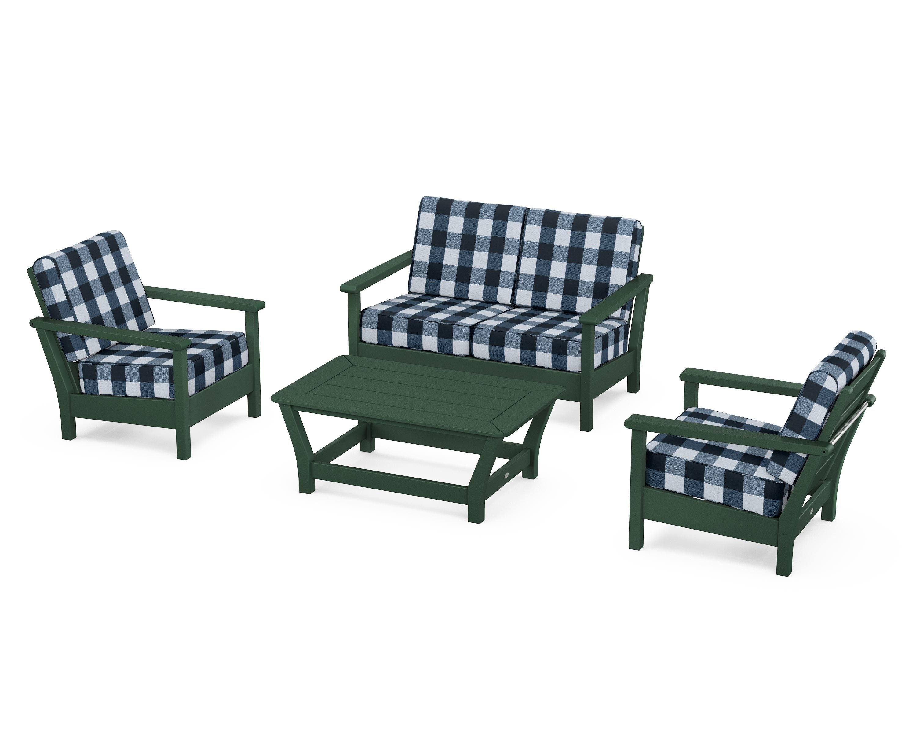 POLYWOOD® Harbour 4-Piece Deep Seating Set in Green / Buffalo Plaid Marine Indigo