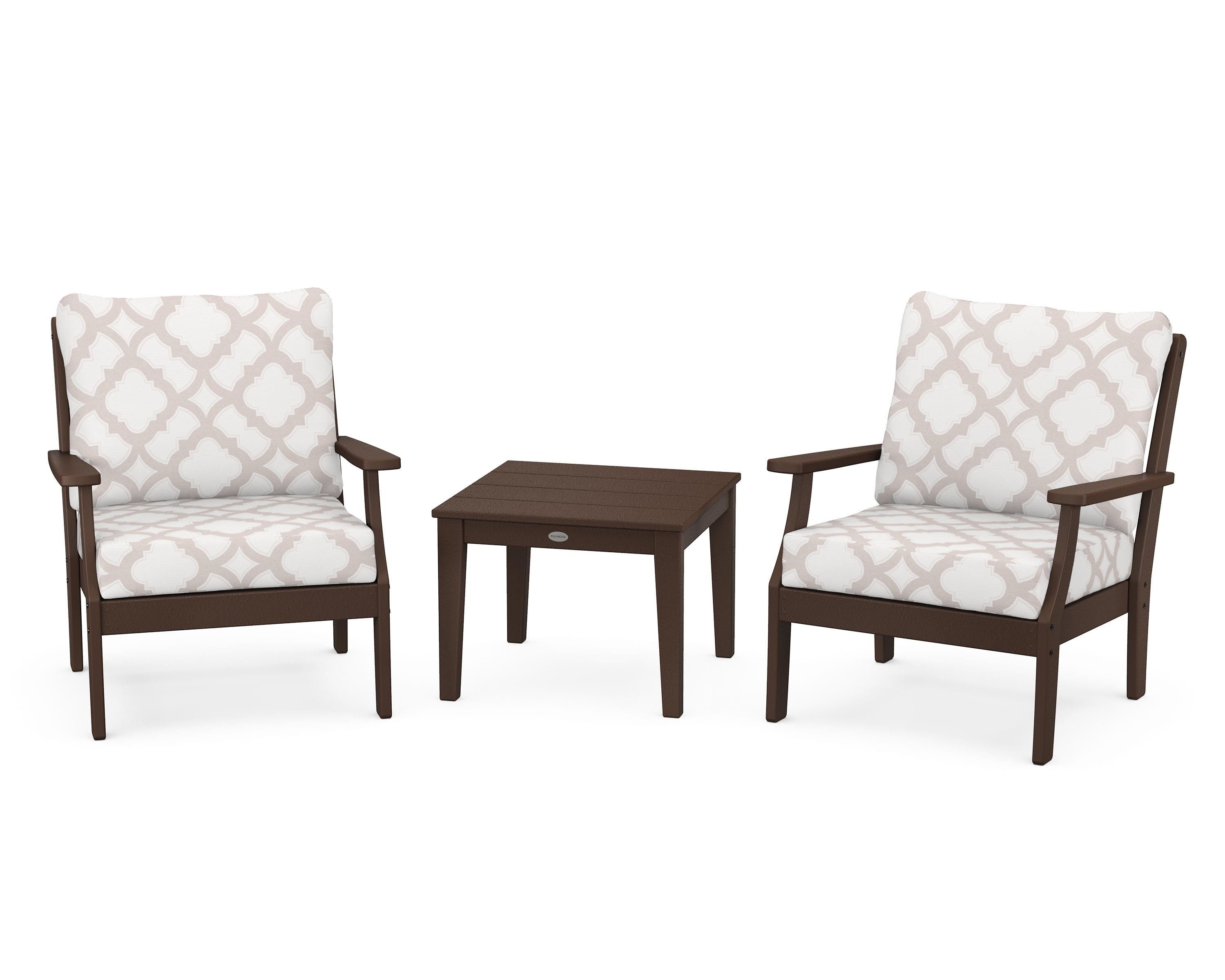 POLYWOOD® Braxton 3-Piece Deep Seating Set in Mahogany / Trellis Dune Burlap