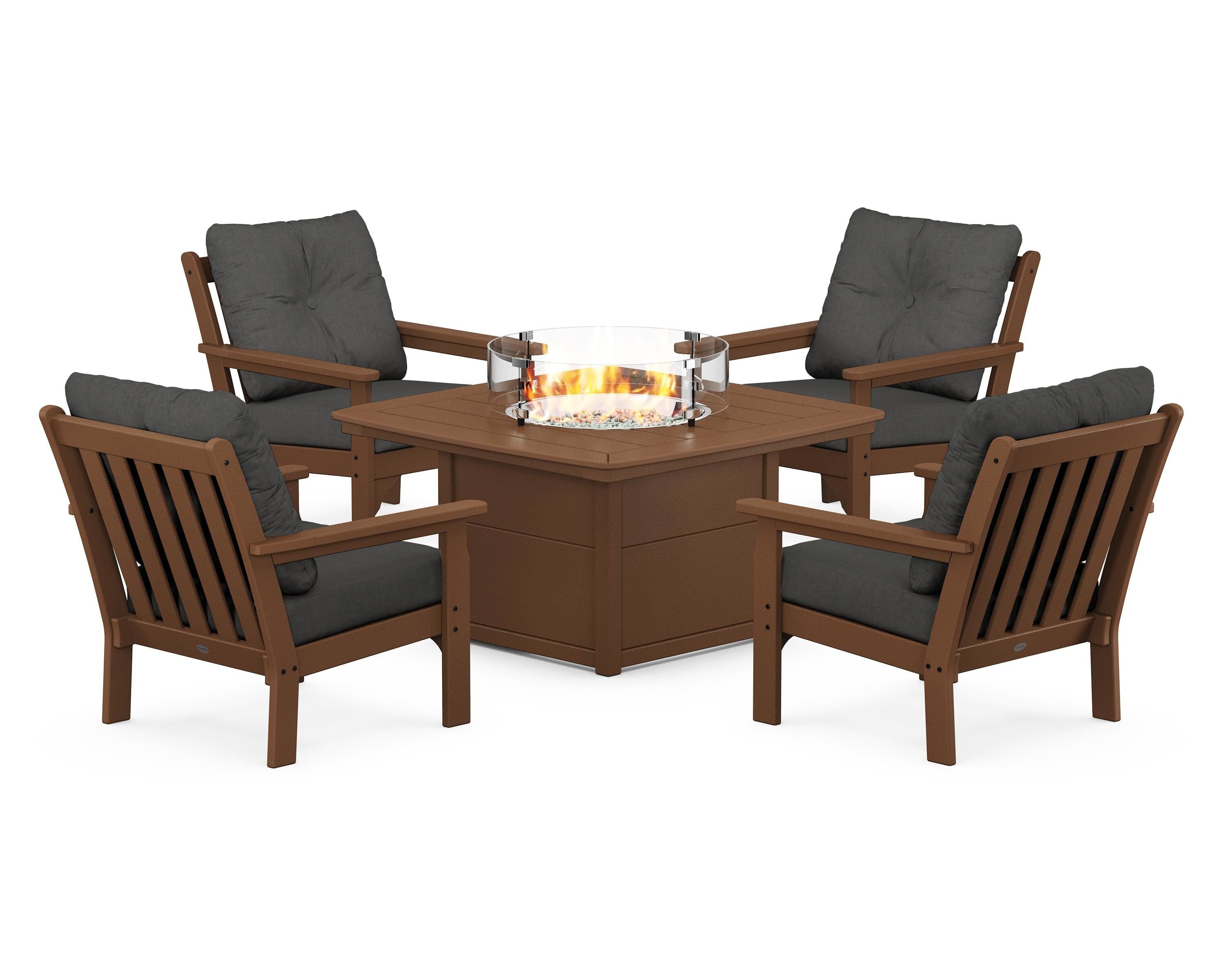 POLYWOOD® Vineyard 5-Piece Conversation Set with Fire Pit Table in Teak / Spectrum Carbon