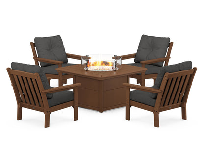 POLYWOOD® Vineyard 5-Piece Conversation Set with Fire Pit Table in Teak / Spectrum Carbon