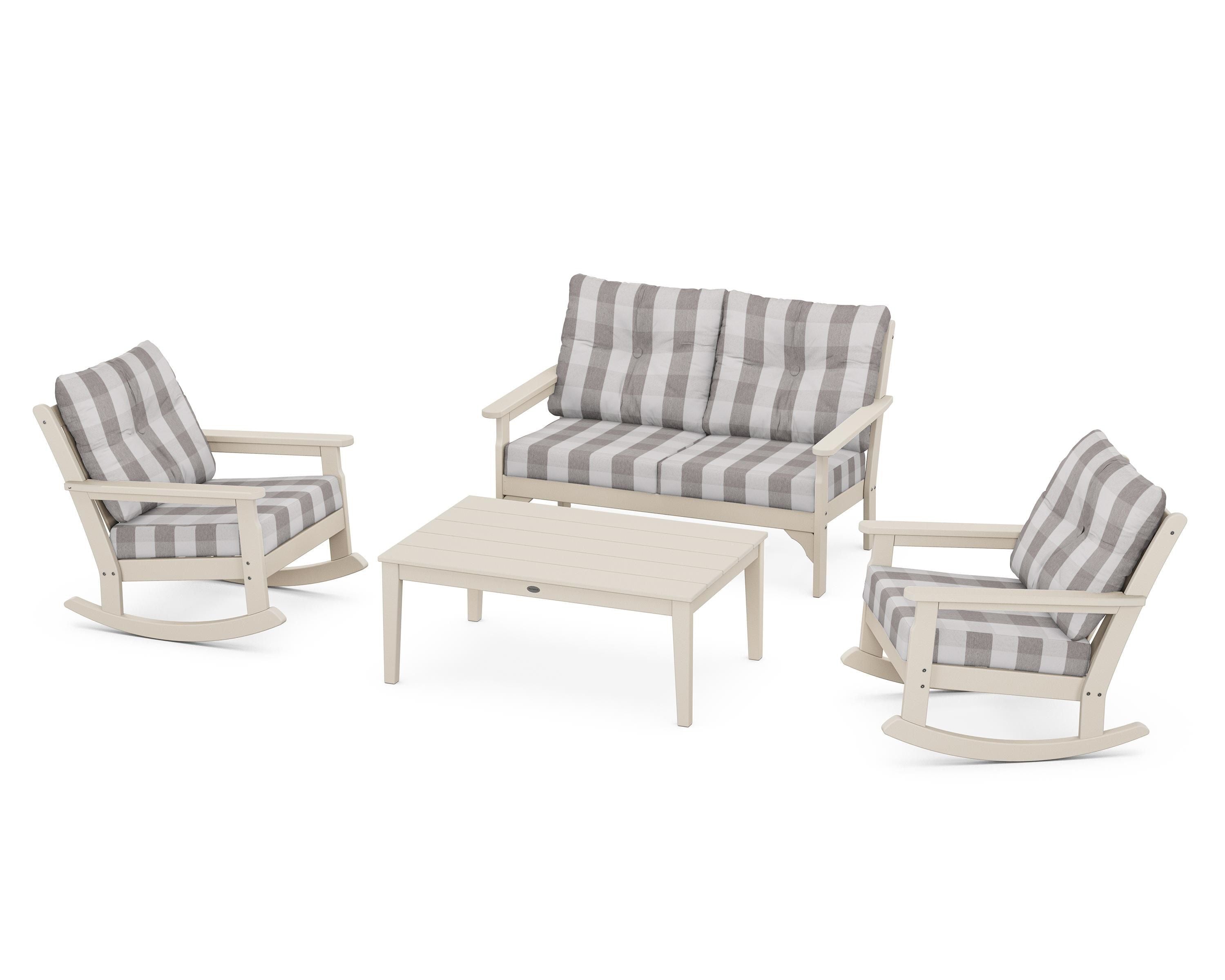 POLYWOOD® Vineyard 4-Piece Deep Seating Rocking Chair Set in Sand / Buffalo Plaid Grey Mist