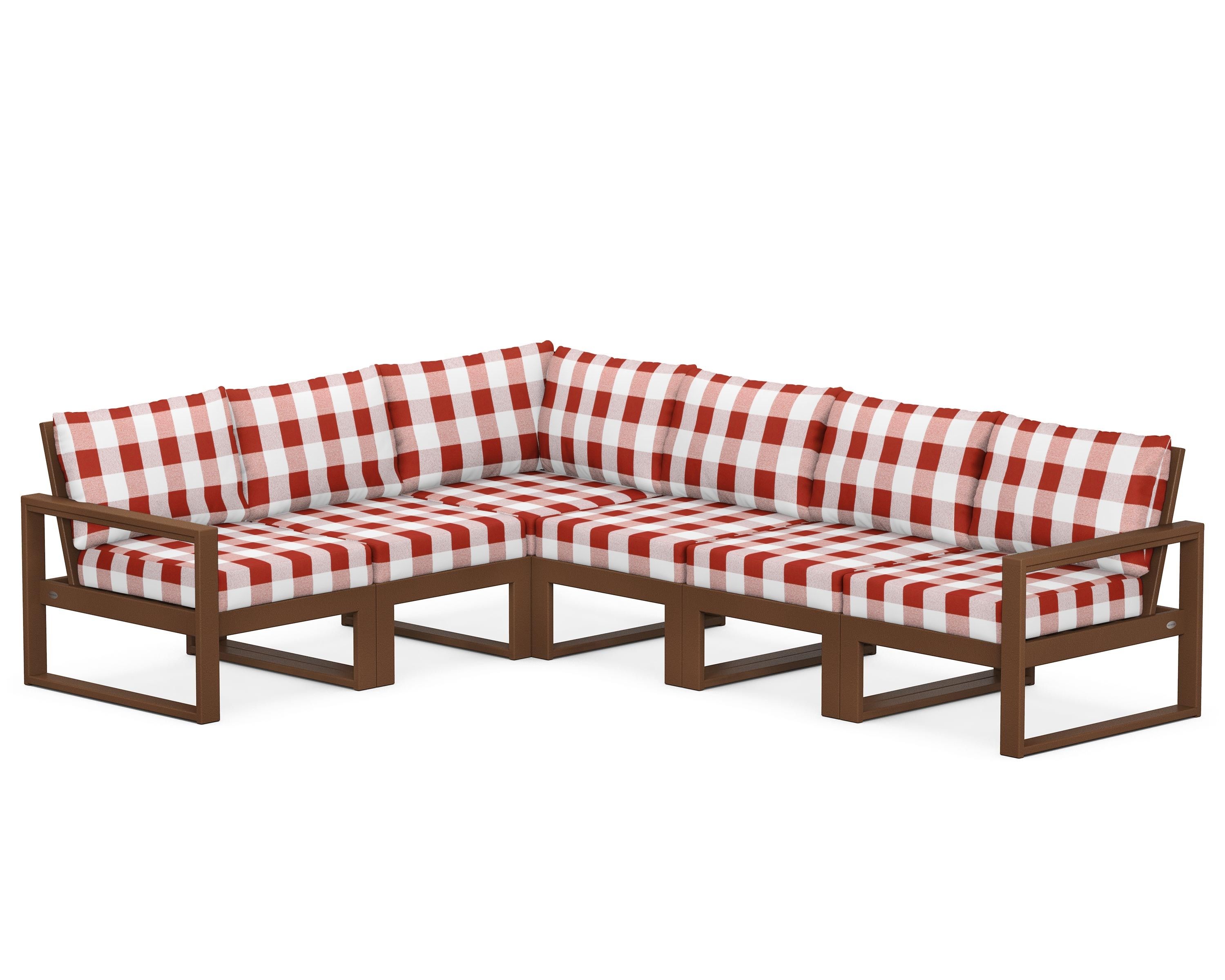 POLYWOOD® EDGE 6-Piece Modular Deep Seating Set in Teak / Buffalo Plaid Crimson