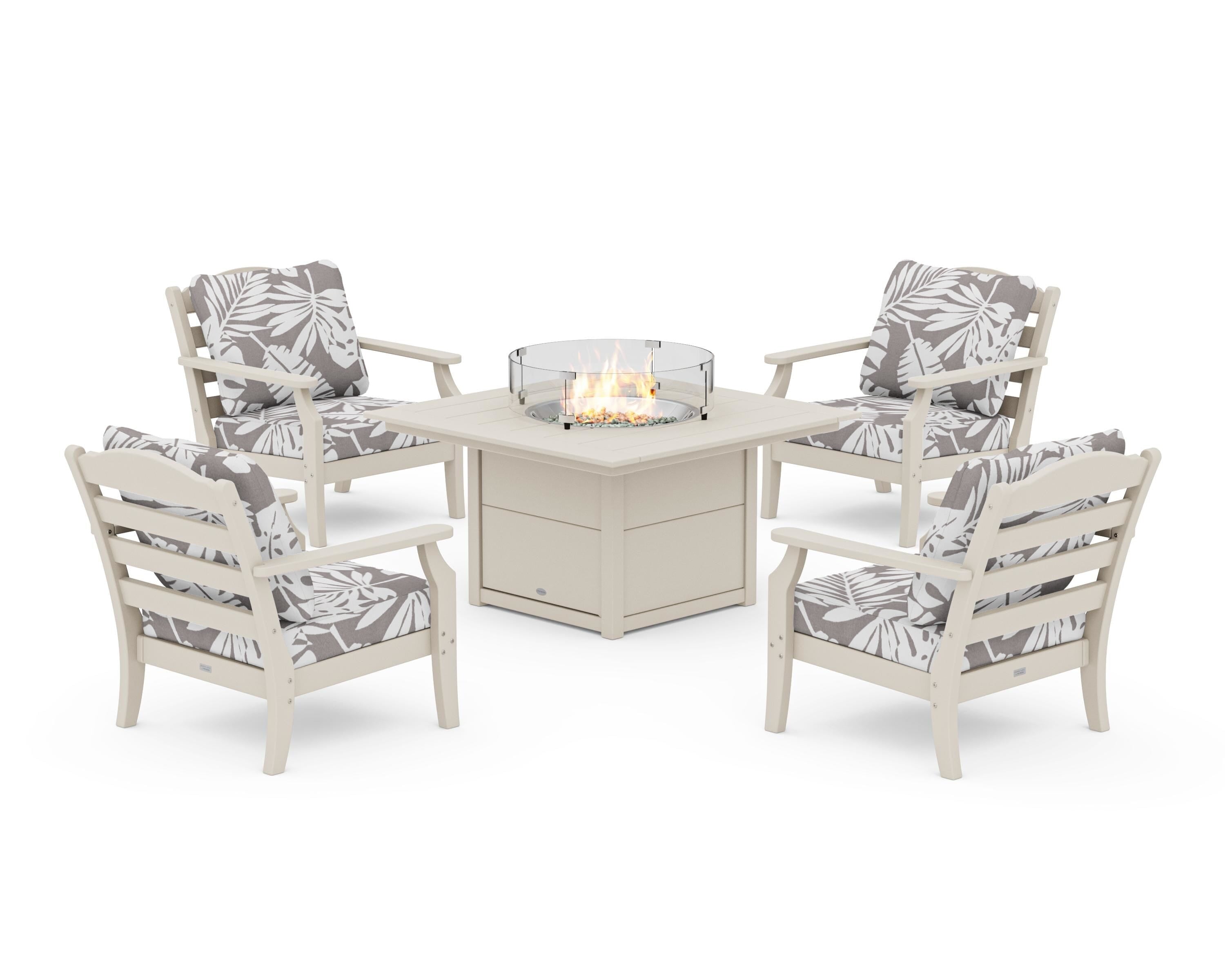 Draper James™ by  POLYWOOD® Savannah 5-Piece Deep Seating Set with Fire Pit Table in Sand / Leaf Grey Mist