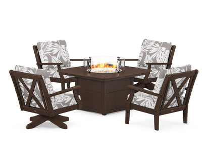 POLYWOOD® Braxton 5-Piece Deep Seating Set with Fire Table in Mahogany / Leaf Grey Mist