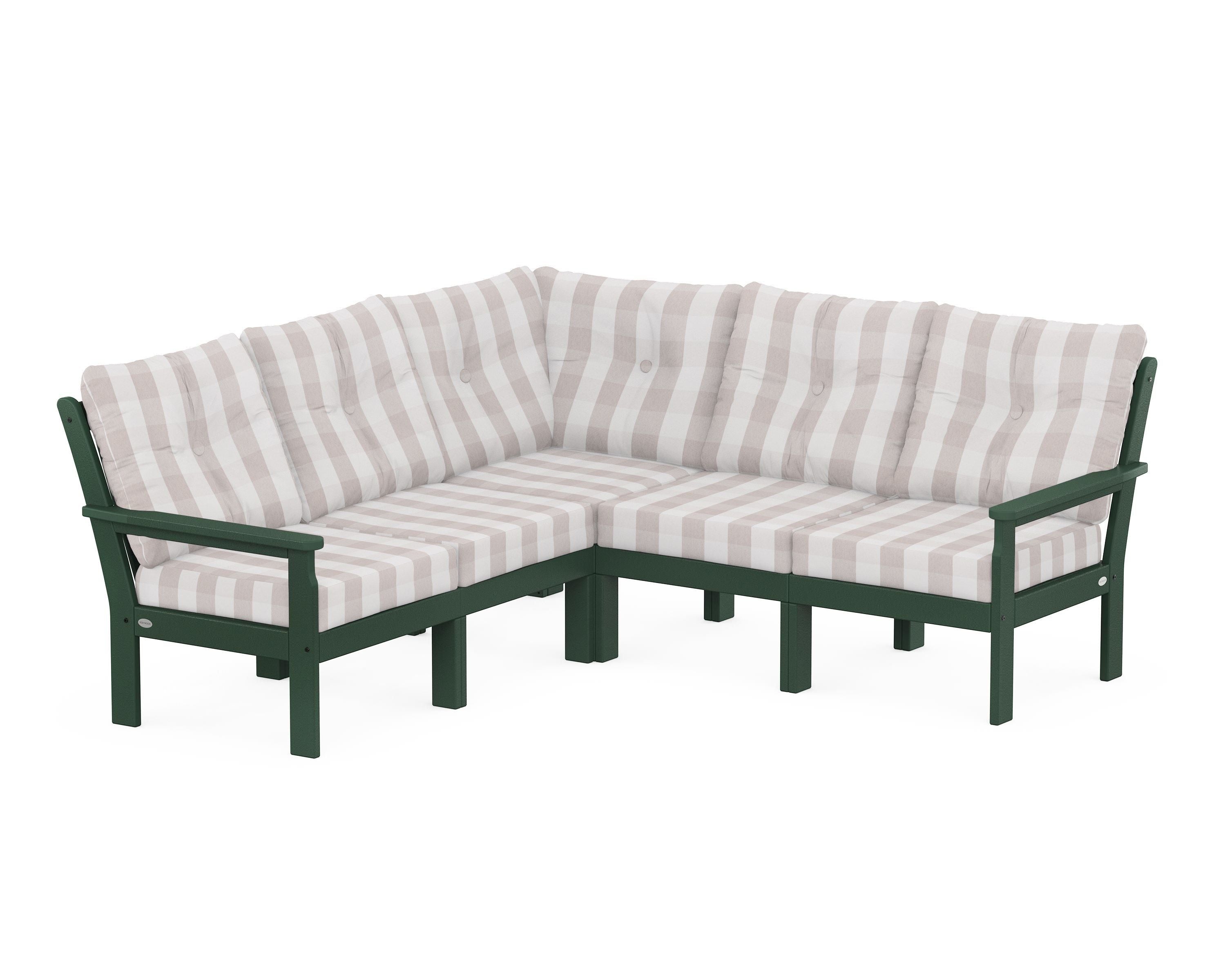 POLYWOOD® Vineyard 5-Piece Sectional in Green / Buffalo Plaid Dune Burlap