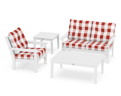 POLYWOOD® Vineyard 4-Piece Deep Seating Set in White / Buffalo Plaid Crimson