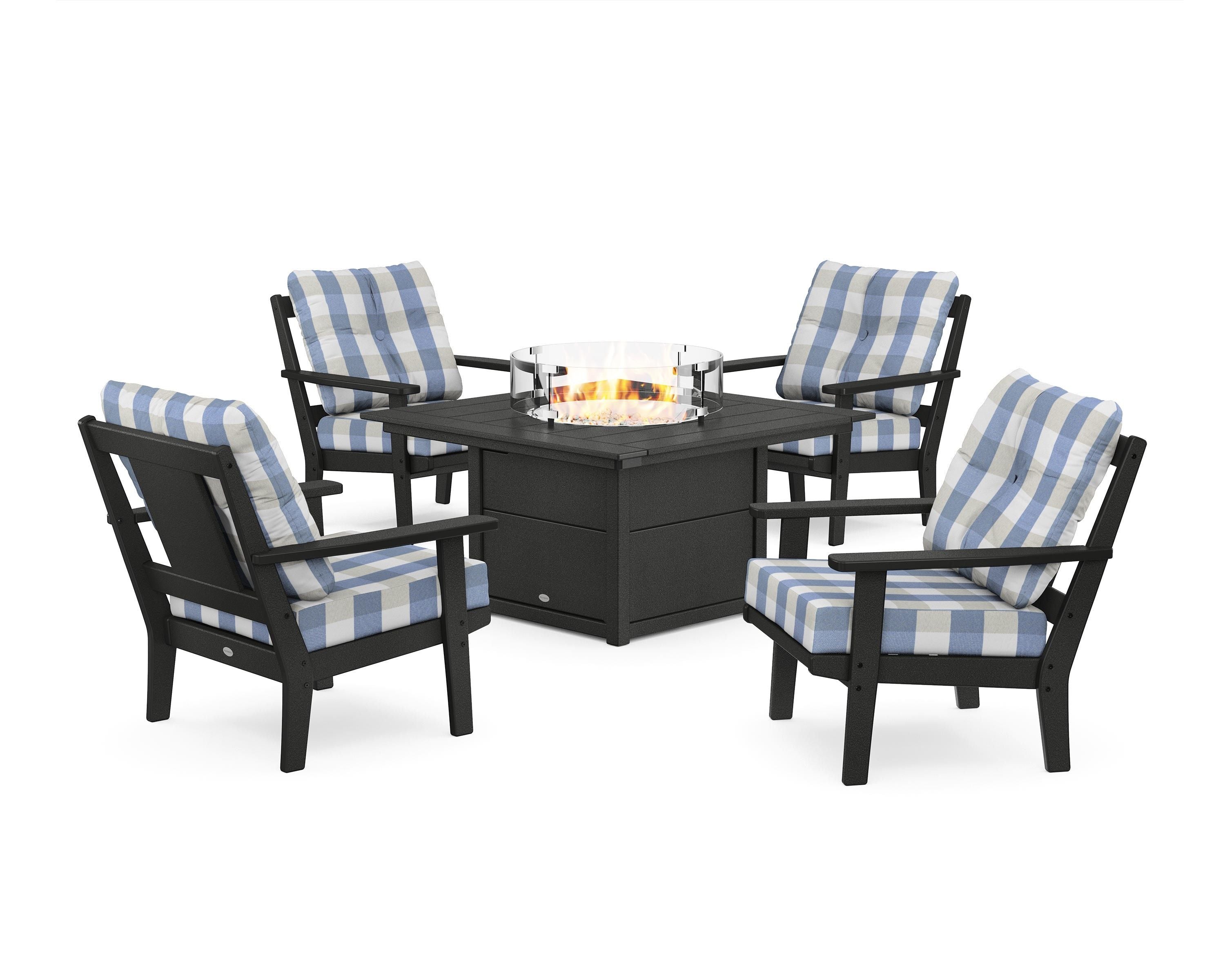 POLYWOOD® Prairie 5-Piece Deep Seating Set with Fire Pit Table in Black / Buffalo Plaid Sky Blue