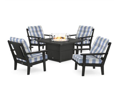 POLYWOOD® Prairie 5-Piece Deep Seating Set with Fire Pit Table in Black / Buffalo Plaid Sky Blue