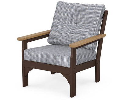 POLYWOOD® Vineyard Deep Seating Chair in Mahogany / Natural / Houndstooth Sky Blue