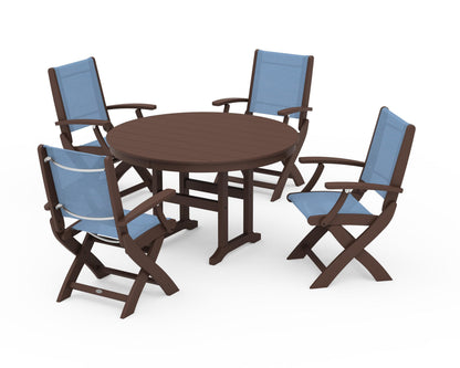 POLYWOOD® Coastal Folding Chair 5-Piece Round Dining Set in Mahogany / Poolside Sling