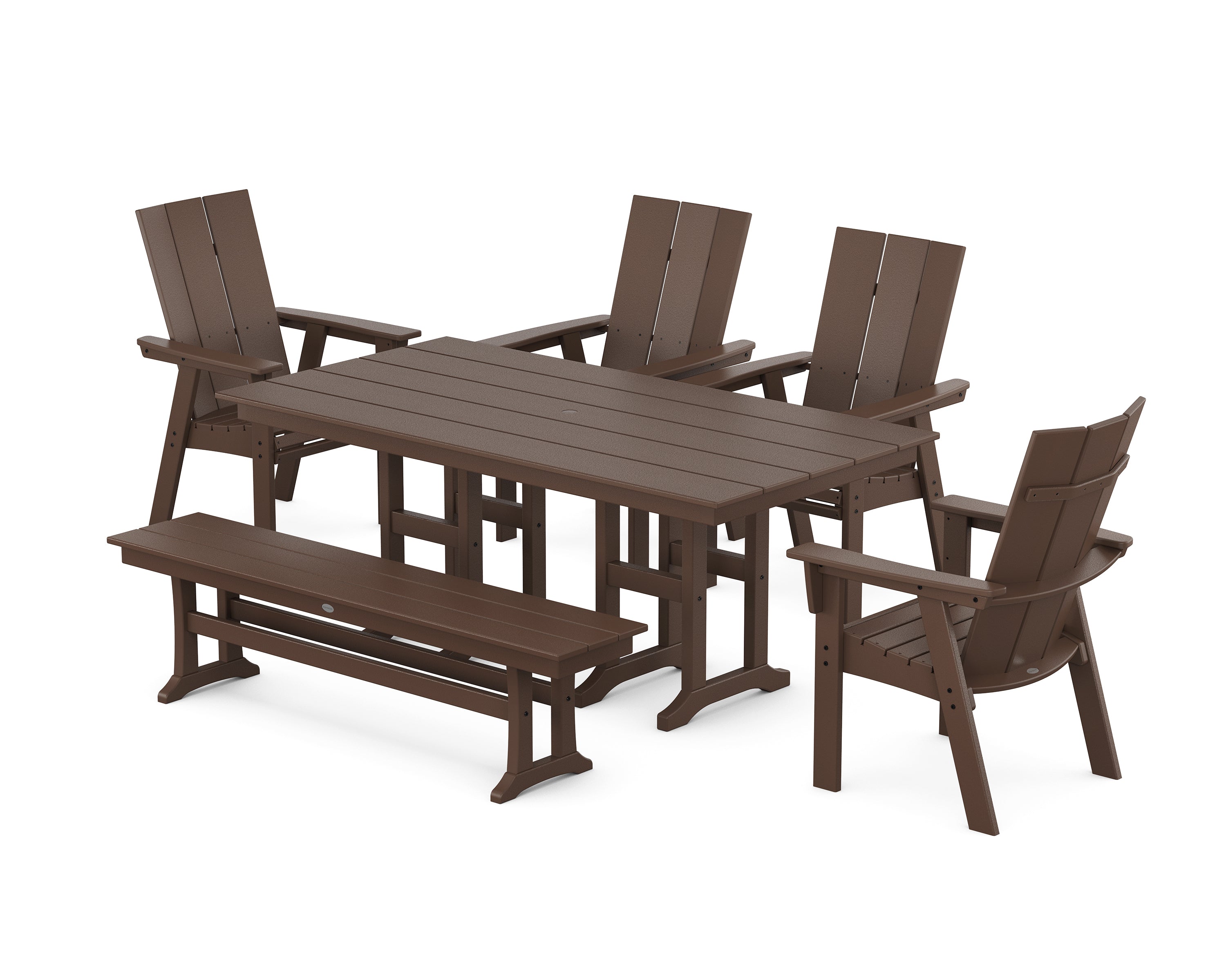 POLYWOOD® Modern Curveback Adirondack 6-Piece Farmhouse Dining Set with Bench in Mahogany