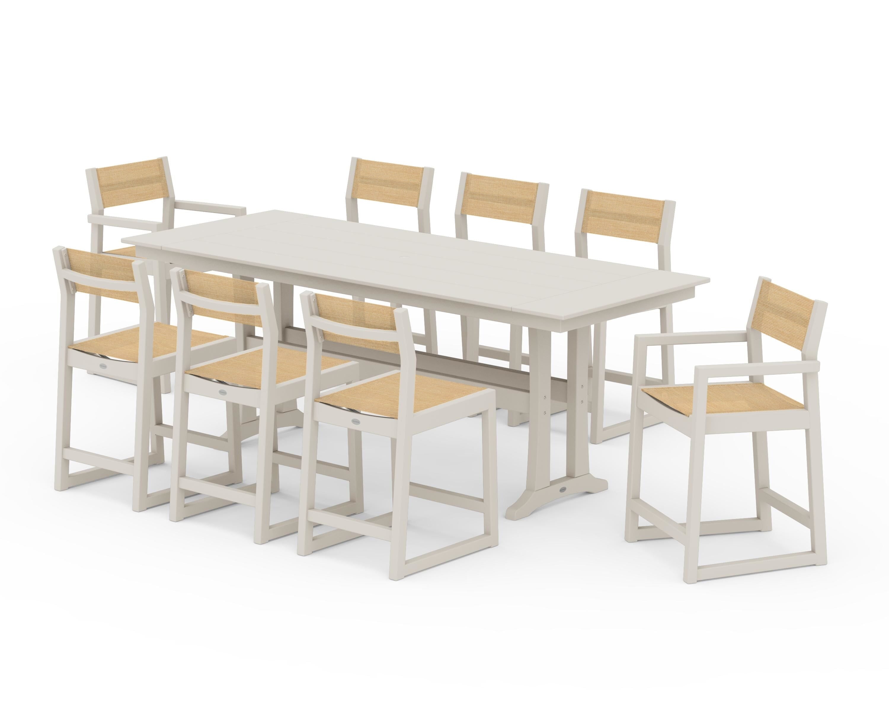 POLYWOOD® EDGE Sling 9-Piece Farmhouse Counter Set with Trestle Legs in Sand / Dupioni Apricot Sling