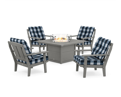 POLYWOOD® Mission 5-Piece Deep Seating Set with Fire Pit Table in Slate Grey / Buffalo Plaid Marine Indigo