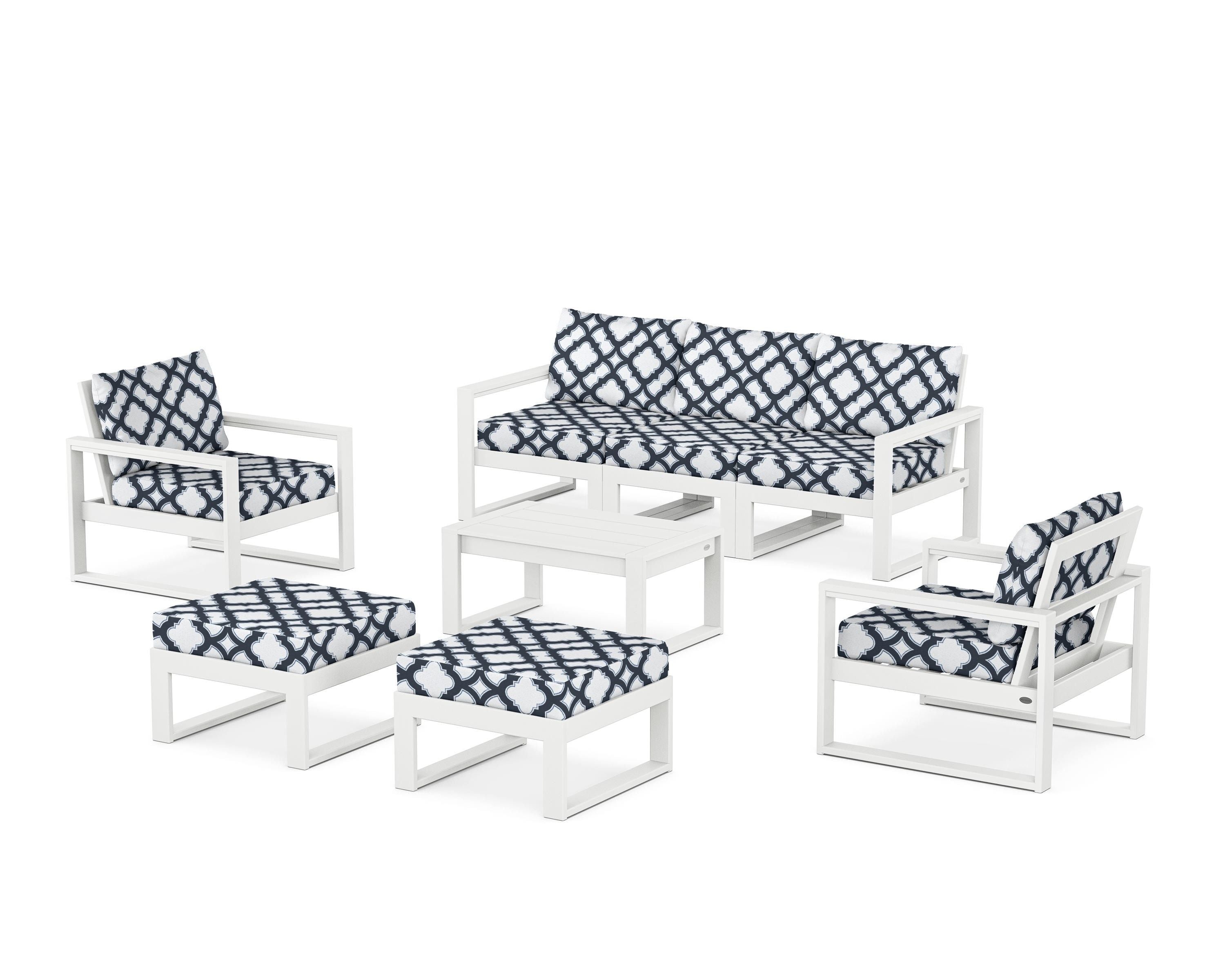 POLYWOOD® EDGE Sectional 8-Piece Lounge Sofa Set in White / Trellis Marine Indigo