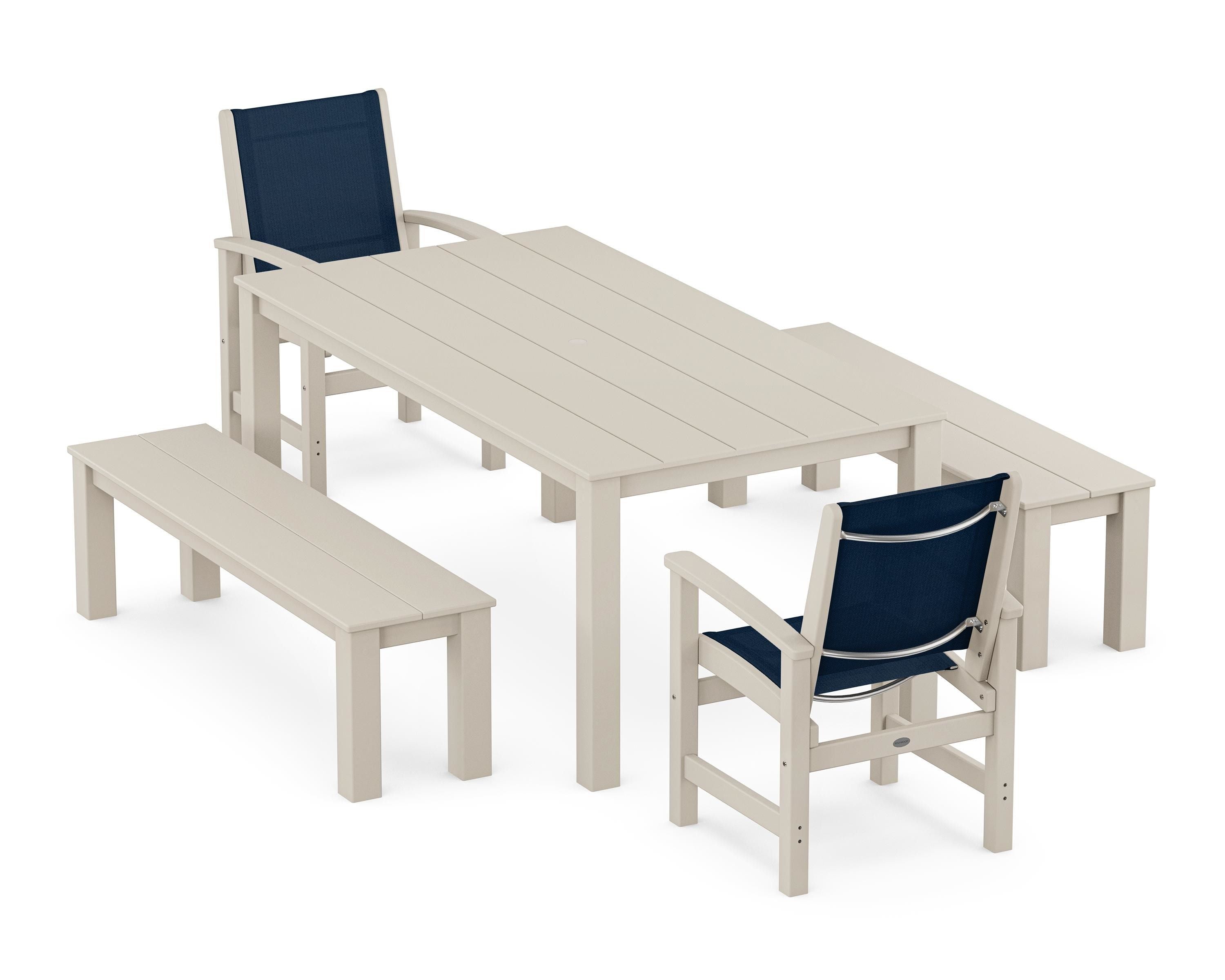 POLYWOOD® Coastal 5-Piece Parsons Dining Set with Benches in Sand / Navy Blue Sling