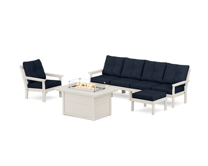 POLYWOOD® Vineyard Sectional Lounge and Fire Pit Set in Sand / Marine Indigo