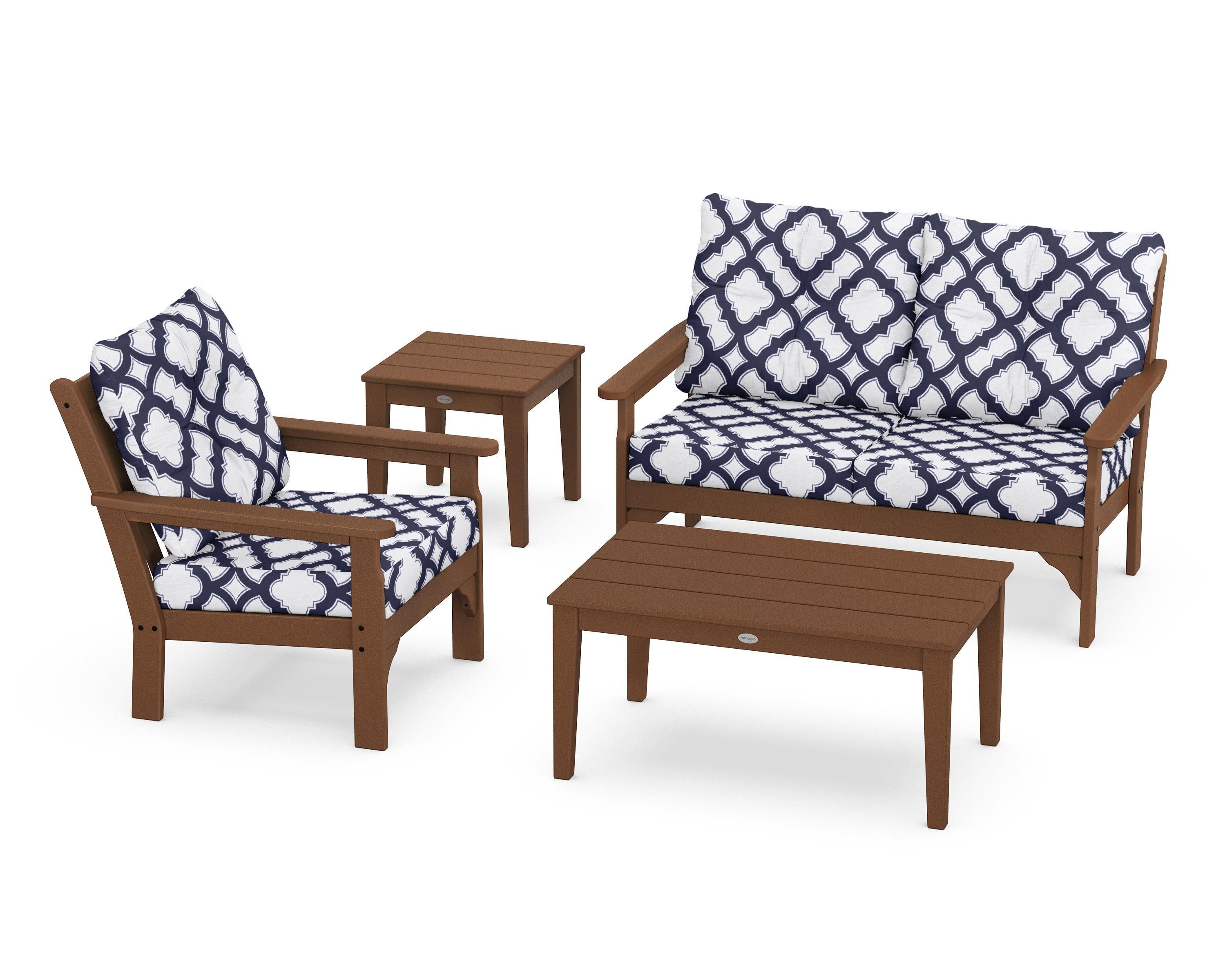 POLYWOOD® Vineyard 4-Piece Deep Seating Set in Teak / Trellis Navy