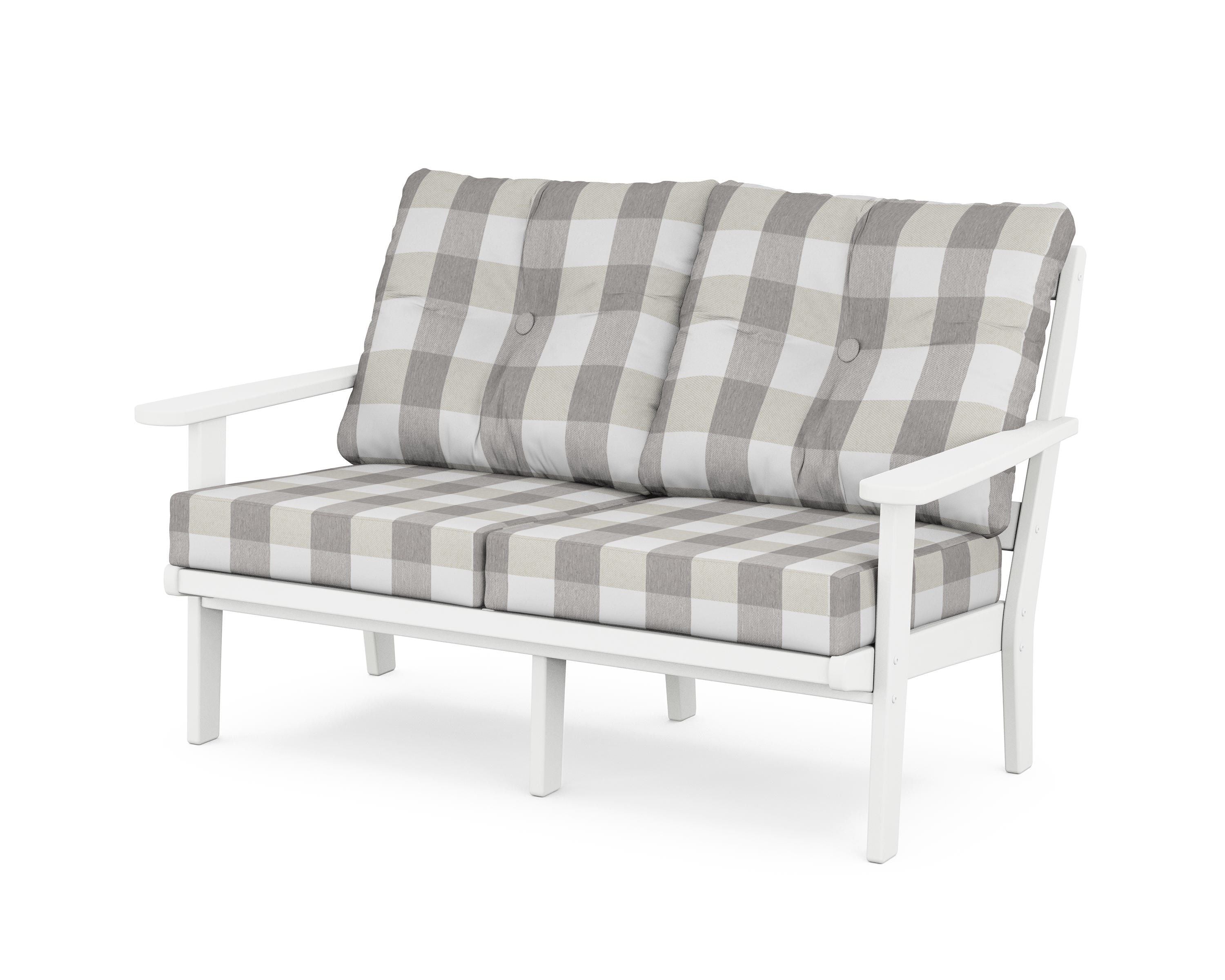 POLYWOOD® Mission Deep Seating Loveseat in White / Buffalo Plaid Grey Mist