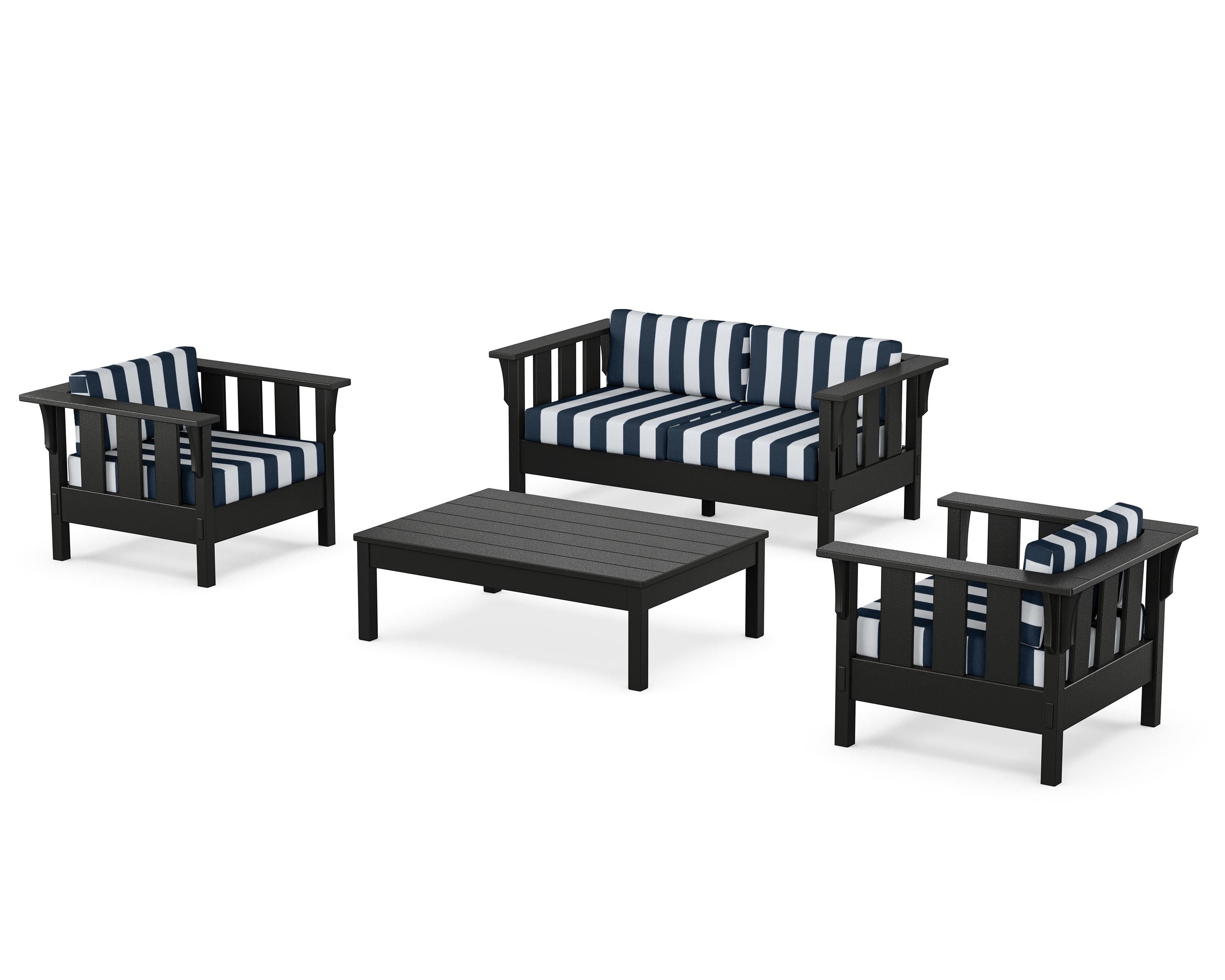 Martha Stewart by POLYWOOD® Acadia 4-Piece Deep Seating Set with Loveseat in Black / Cabana Stripe Marine Indigo