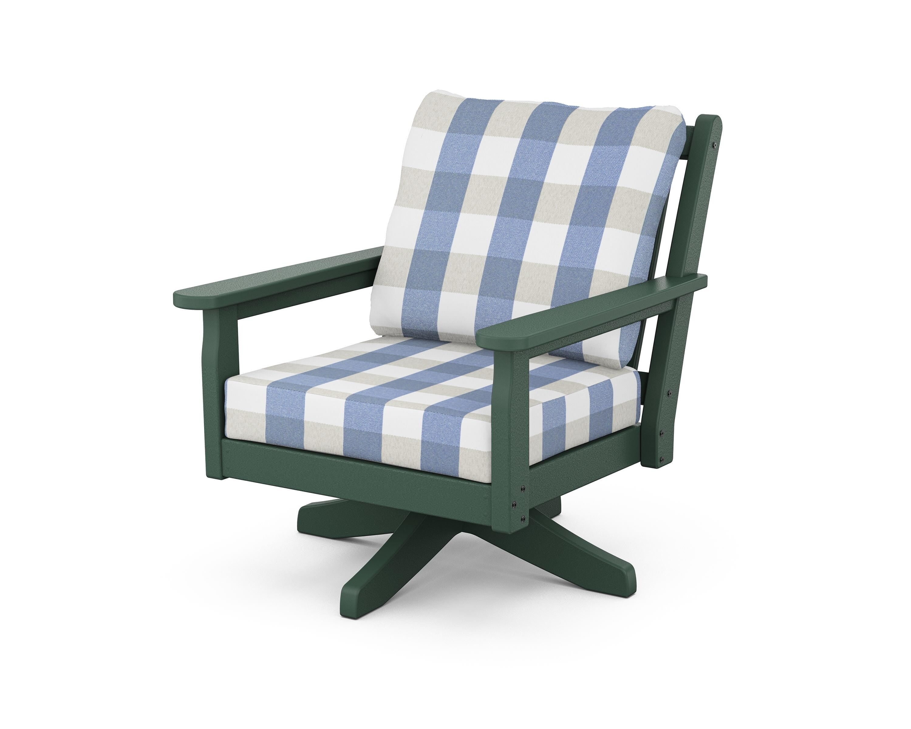 POLYWOOD® Chippendale Deep Seating Swivel Chair in Green / Buffalo Plaid Sky Blue