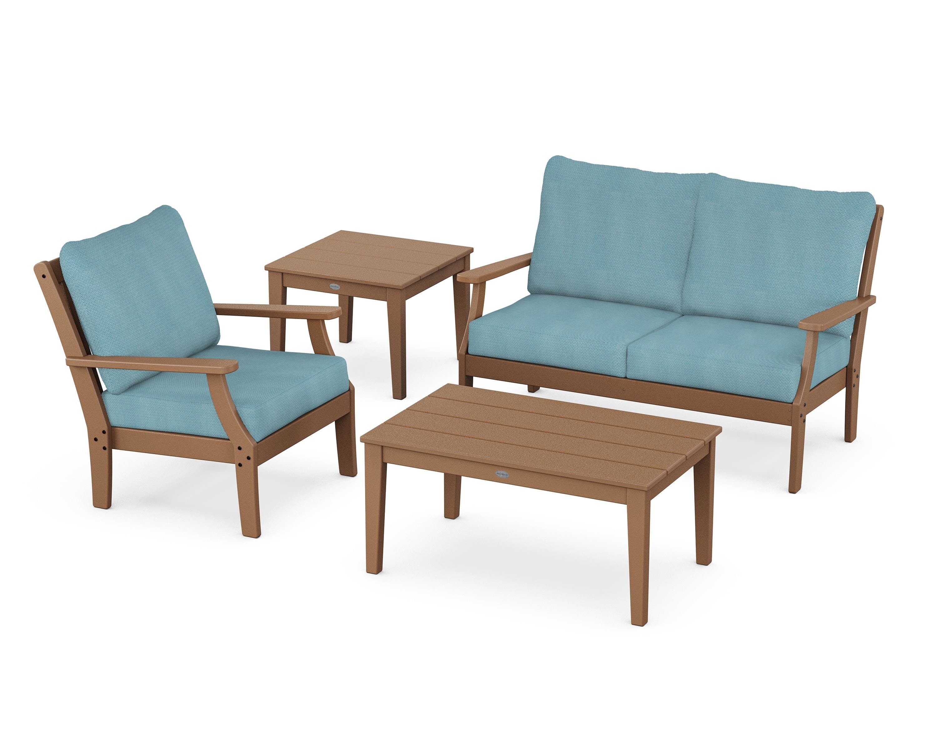 POLYWOOD® Braxton 4-Piece Deep Seating Set in Teak / Lattice Sky Blue