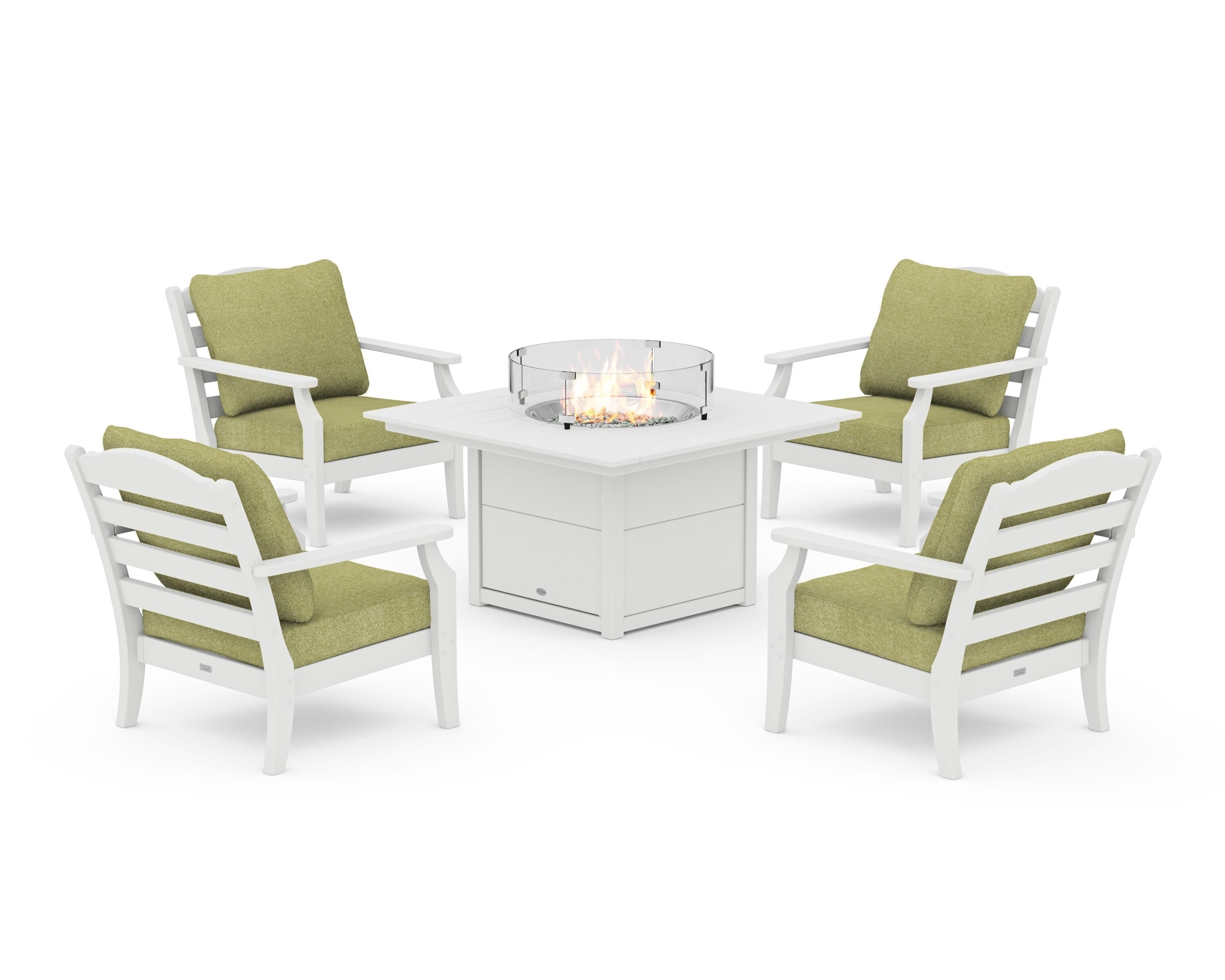 Draper James™ by  POLYWOOD® Savannah 5-Piece Deep Seating Set with Fire Pit Table in White / Chartreuse Boucle