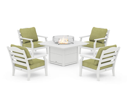 Draper James™ by  POLYWOOD® Savannah 5-Piece Deep Seating Set with Fire Pit Table in White / Chartreuse Boucle