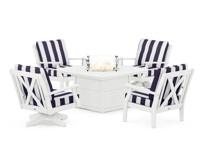 POLYWOOD® Braxton 5-Piece Deep Seating Set with Fire Table in White / Cabana Stripe Navy