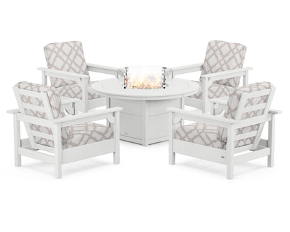 POLYWOOD® Club 5-Piece Conversation Set with Fire Pit Table in White / Trellis Dune Burlap