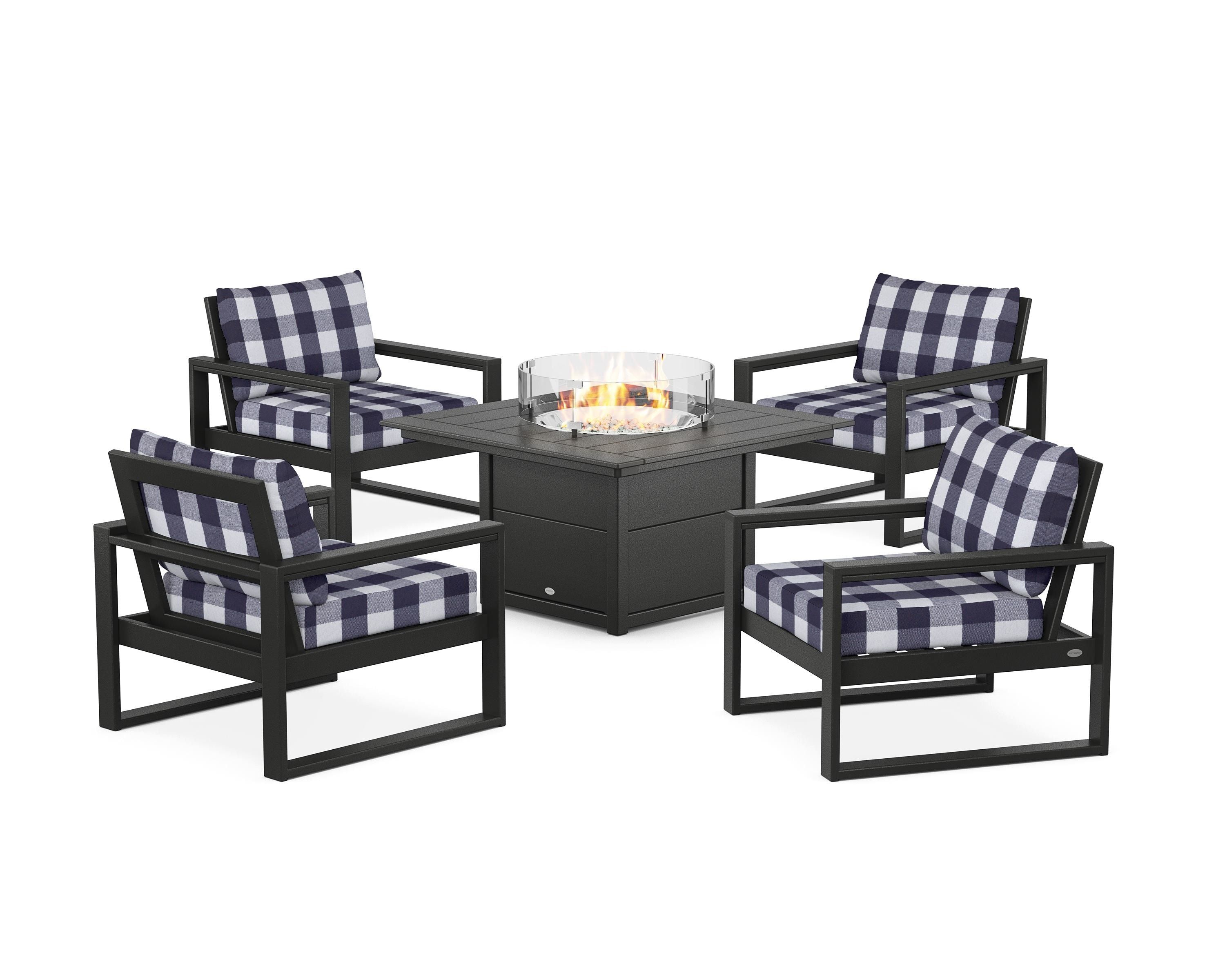 POLYWOOD® EDGE Sectional 5-Piece Deep Seating Set with Fire Pit Table in Black / Buffalo Plaid Navy